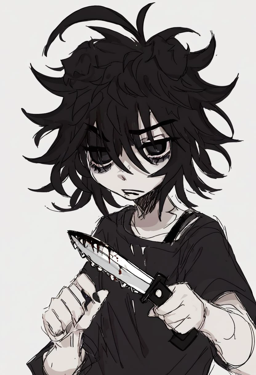 1girl, messy hair,  black pupils,sketchy lines, grunge, half body, holding knife