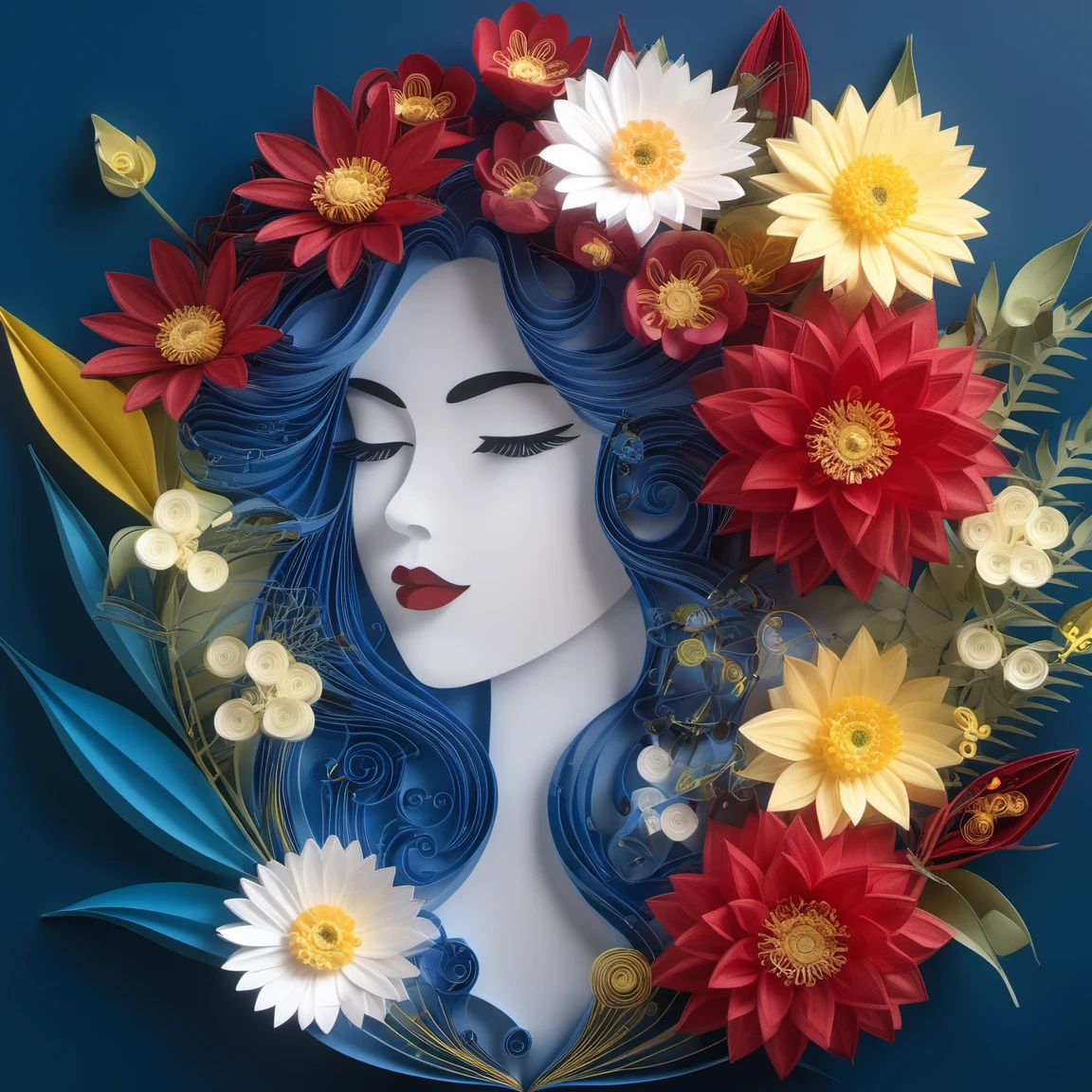 paperart, simple background,flower,leaf,blue background,plant,white flower,red flower,yellow flower, <lora:paperart:1>, alluring portrait, intricate, highly detailed, digital painting, artstation, concept art, naughty, sharp focus, cinematic lighting, illustration, art by artgerm and greg rutkowski, alphonse mucha, cgsociety