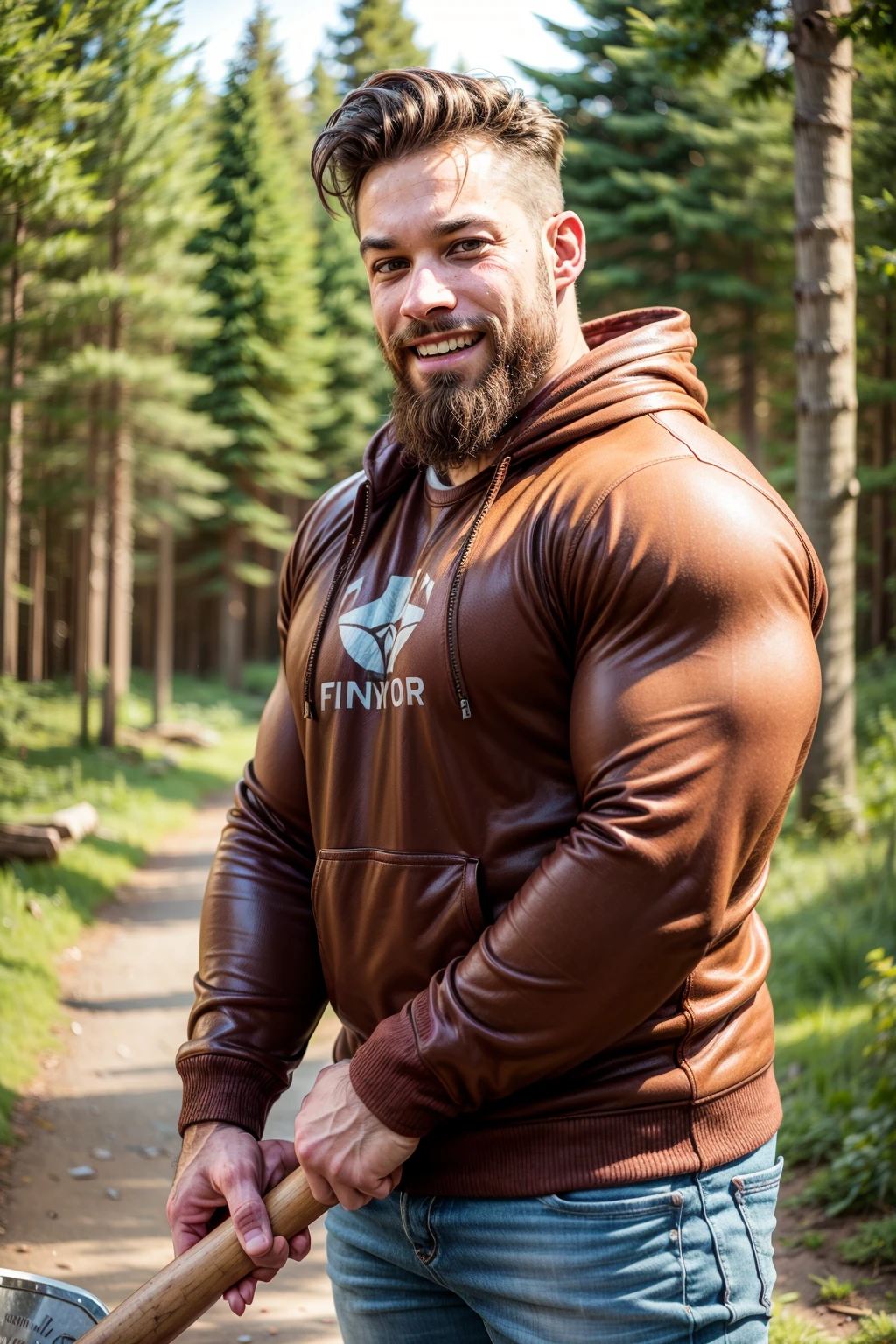 bconor, looking at you, hipster beard, brown hair, muscular, lumberjack, axe, sweaty, sweat, (shirt), smile, standing, forest <lora:more_details:0.8>, <lora:Ben_Conor:0.8>