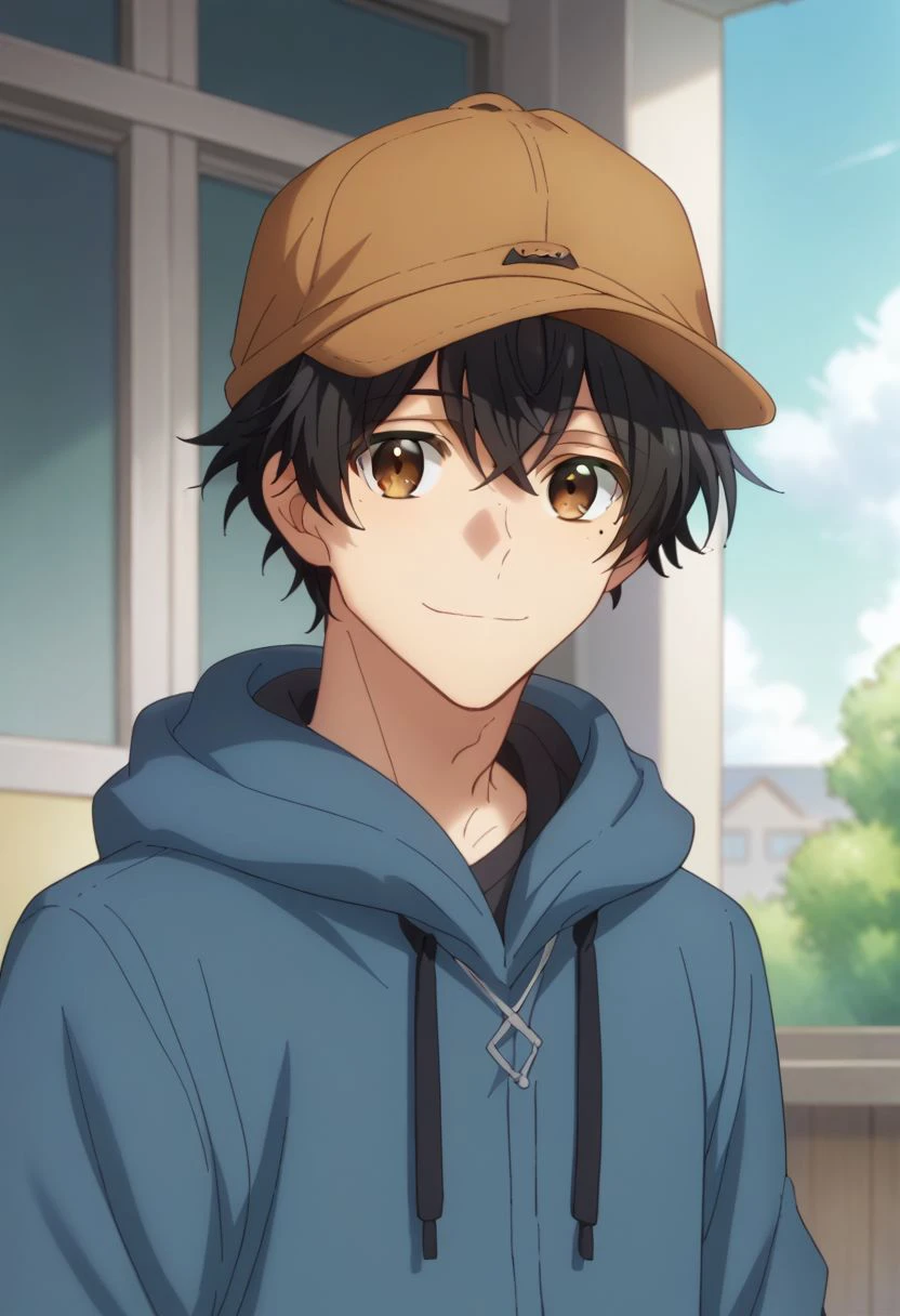 score_9, score_8_up, source_anime, highly detailed, 1boy, 
miyano, 1boy, male focus, hat, black hair, solo, hoodie, brown eyes, mole, mole under eye, hood, looking at viewer, closed mouth, baseball cap, indoors, hair between eyes, hood down,
outdoor, smile,