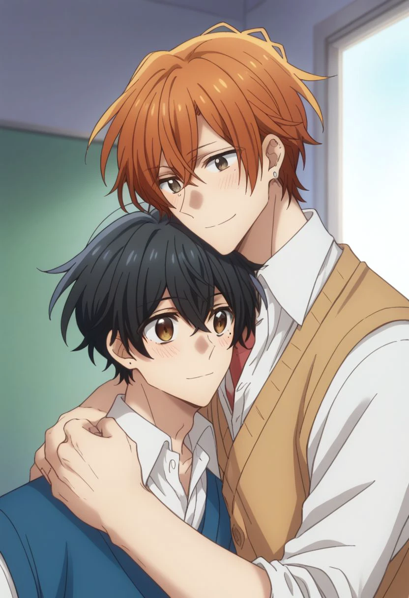 score_9, score_8_up, source_anime, highly detailed, 2boys, 
miyano, 1boy, male focus, black hair, mole under eye, mole, brown eyes, shirt, white shirt, hair between eyes, sweater vest, BREAK
sasaki, 1boy, male focus, brown eyes, shirt, white shirt, orange hair,  jewelry, earrings, cardigan, collared shirt, 
indoor, hug, blush, smile, tender,