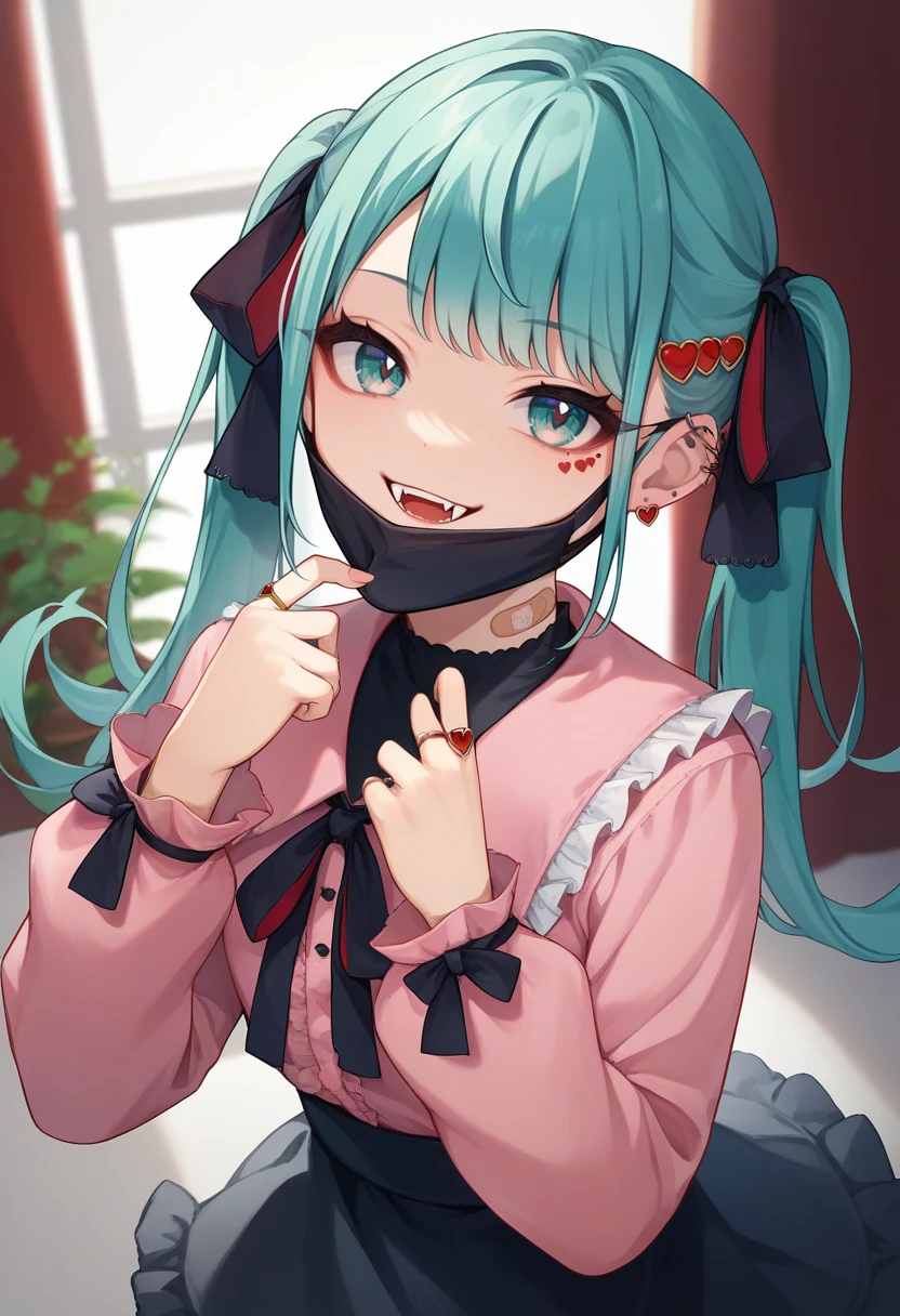 score_9, score_8_up, score_7_up, source_anime, solo, 1girl, vampiremiku, heart facial mark, fangs, smile, looking at viewer, mask pull, aqua hair, twintails, heart hair ornament, hair ribbon, black ribbon, aqua eyes, jirai kei, frills, pink shirt, frilled shirt collar, long sleeves, black skirt, ear piercing, earrings, black mask, mouth mask, bandaid on neck, ring <lora:vocaloid_vampiremiku_ponyXL:1>