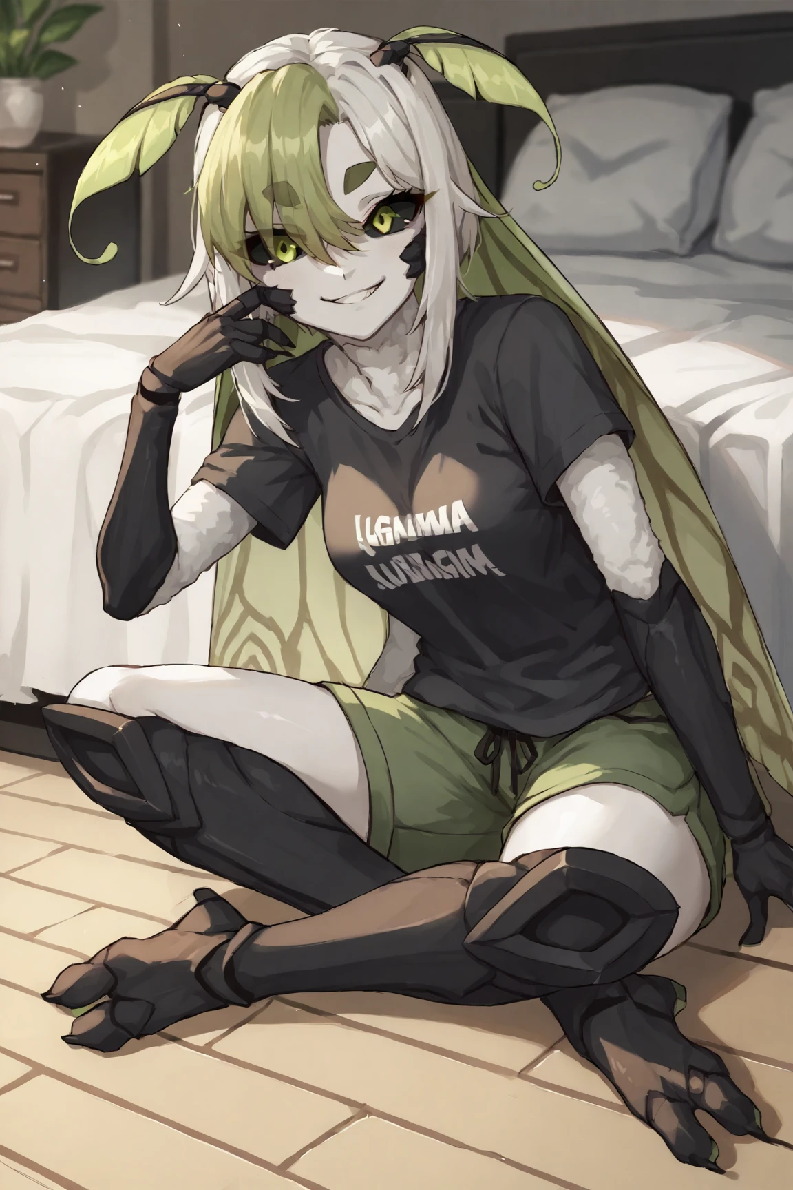 score_9, score_8_up, score_7_up, score_6_up, score_5_up, score_4_up, source_anime, rating_safe, bedroom, 1girl, solo, sitting on floor, t-shirt, shorts, full body, smug,
<lora:JuniperActias:1> juniperactias, pale skin, black sclera, (green eyes:0.8), [black thighhighs, black gloves::4]