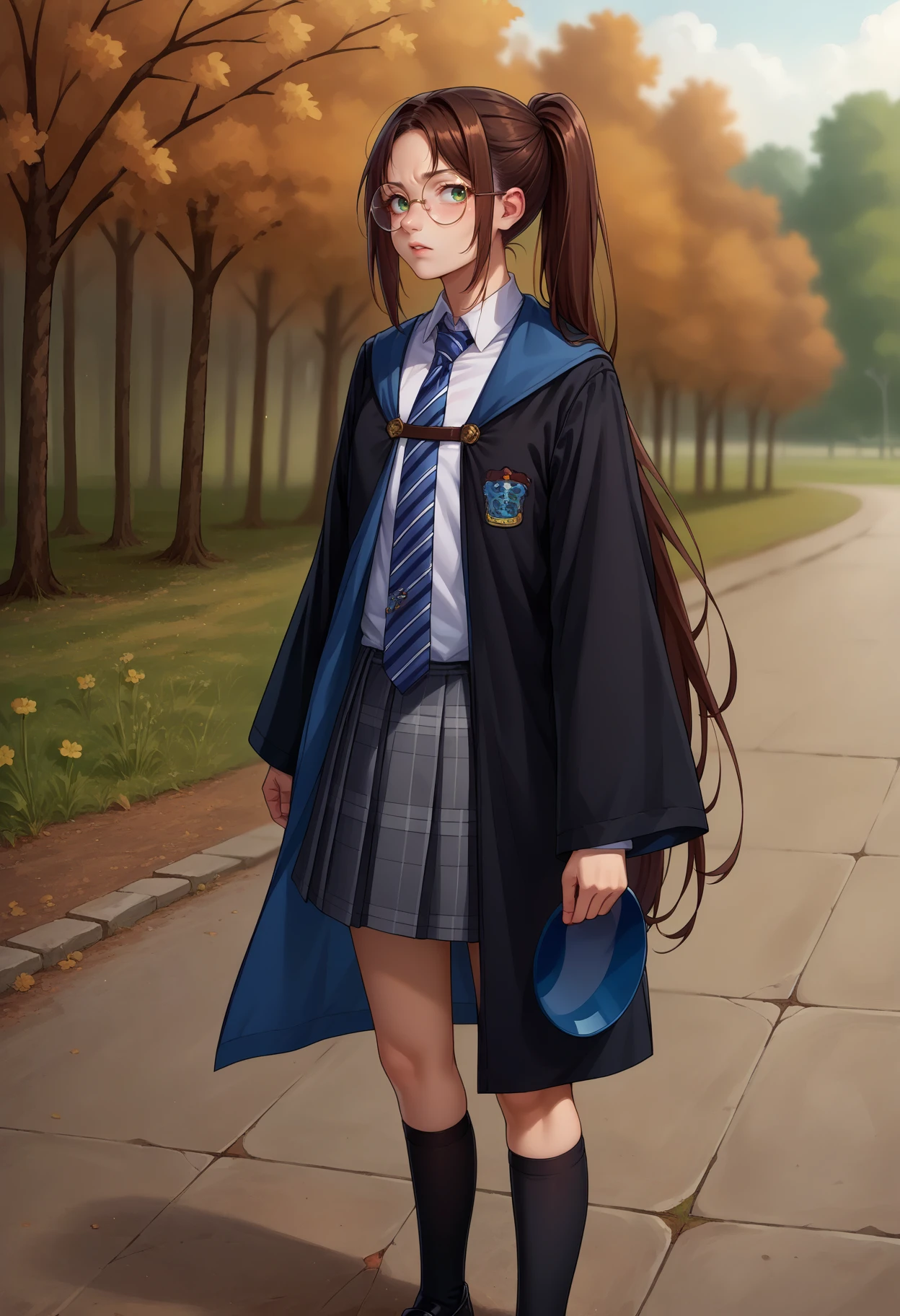 score_9, score_8_up,score_7_up, source_anime,1girl, solo,green eyes, brown hair, ponytail, very long hair , <lora:EPRobeRavenclaw-10:1>, EPRobeRavenclaw, wearing EPRobeRavenclaw, collared shirt, white shirt, emblem, grey skirt, miniskirt, pleated skirt, plaid skirt, black robe, blue necktie, striped necktie, round eyewear, wide sleeves, long sleeves, black legwear, kneehighs, loafers, facepalm, outdoors