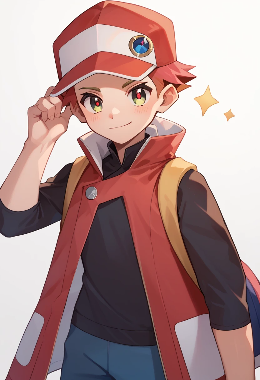 score_9, score_8_up, score_7_up, masterpiece, best quality, amazing quality, best aesthetic, ,absurdres,cute,crispin, multicolored hair, red hair, yellow eyes, red pupils,Red with white baseball cap, red sleeveless coat, long sleeve black shirt, blue pants<lora:EMS-374005-EMS:1.000000>, <lora:EMS-353623-EMS:1.000000>