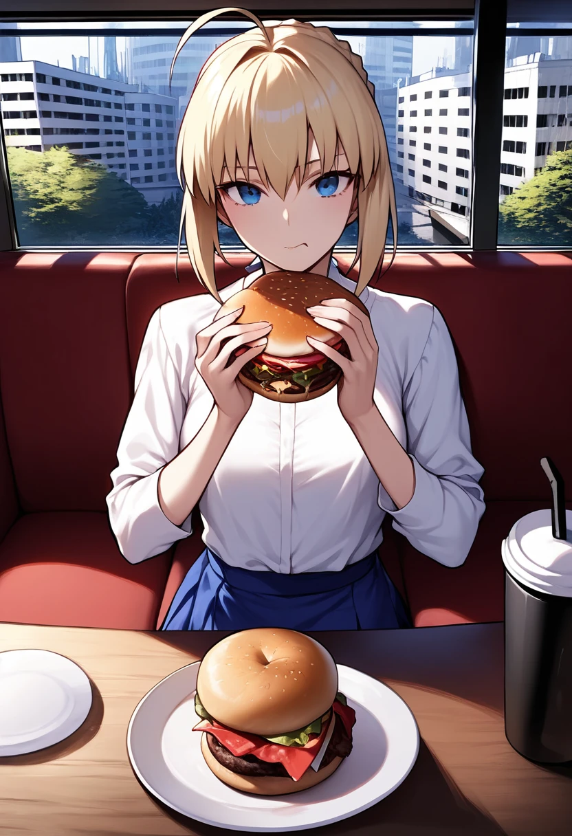 (masterpiece:1.3),great,best,1girl,solo,medium breasts,saber \(fate\),white shirt,pov across table,burger,indoors,restaurant,red couch,food on face,ahoge,blue eyes,blonde hair,sidelocks,blue skirt,ice coffee,eating,plate,window,outdoors,nature,street,city,ice cube,dense,closed mouth,pov,