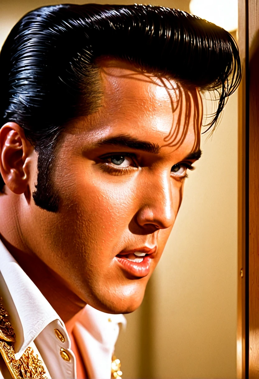 Elvis Presley, (((closeup shot))), cinematic photo, intricate details, natural lighting, volumetric light, dust particles, analog photography, Fujifilm, soft shadows, bathroom, morning, award winning photo, hyperdetailed, ultra-realistic,,