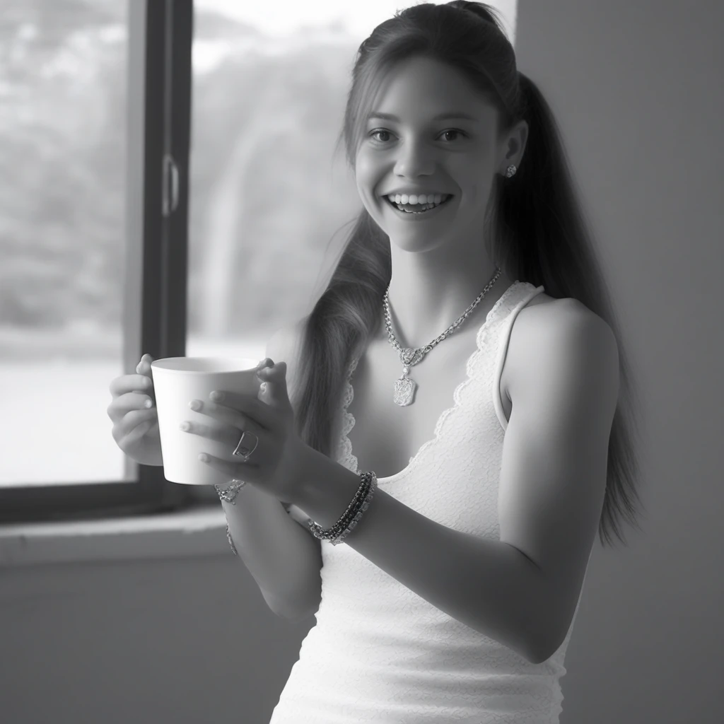 indoors photo, looking back at viewer, teeth, jewelry, website address, holding a cup with both hands, looking at viewer, long brown hair, portrait photo, greyscale monochrome, brown hair ponytail, arms up, sleeveless lace-trimmed white dress, bracelet