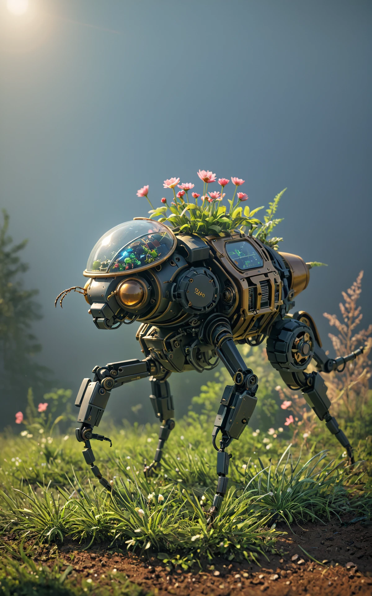 a small insect that is standing in the grass, he transport a terrarium in his back, 3d render beeple, mechanical vegetal cyborg, futuristic robot organisms, steampunk robot ant, steampunk insect, in the art style of filip hodas, cyber steampunk 8 k 3 d, beeple. octane render, 3 d render stylized, NOBLEDOGS_CKCS <lora:Noble_Dogs_XL_CKCS_E25:0.99> Gl1tchBasalt <lora:Gl1tchBasalt-000015:0.42>
BREAK many alien artefacts in background, (translucent materials:1.2), low-poly environment, (Voronoi pattern:1.2), Voronoi-shaped pentagonal voxels and pentagonal prisms, (Helios_44_2, light leaks, gloom, bloom, HDR:1.2), atmospheric haze, shallow dof, swirly bokeh, (Helios_44_2, light leaks, gloom, bloom, HDR, analog style, analog film grain, imperfections of detailed texture:1.2)s, moody cinematic composition, rule of thirds, soft shadows, atmospheric haze, remarkable masterpiece
SK_CINEMATIC