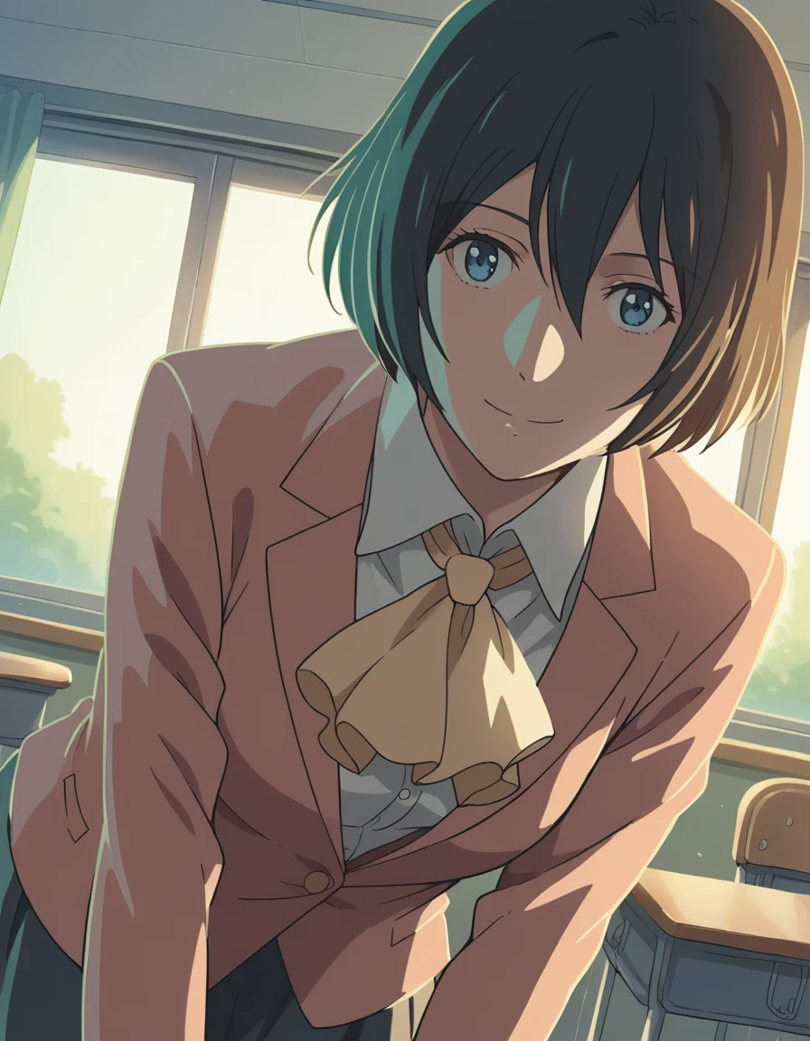 score_9, score_8_up, score_7_up, source_anime,
yukariyukino, <lora:yukari-yukino-movie-ponyxl-lora-nochekaiser:1>,
yukari yukino, short hair, black hair, blue eyes, hair between eyes,
shirt, collared shirt, white shirt, ascot, blazer, peach blazer, skirt,
indoors, classroom, bent over, smile,
cowboy shot, looking at viewer, solo, dutch angle,
