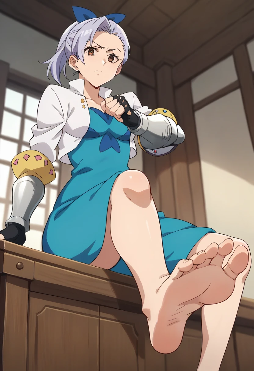 score_9, score_8_up, score_7_up, source_anime, masterpiece, jericho7, 1girl, lavender hair, hair bow, brown eyes, cropped jacket, blue dress, gauntlets, fingerless gloves, barefoot, feet, soles, from below, looking at viewer, indoors, <lora:JerichoPonyXL:0.8>,