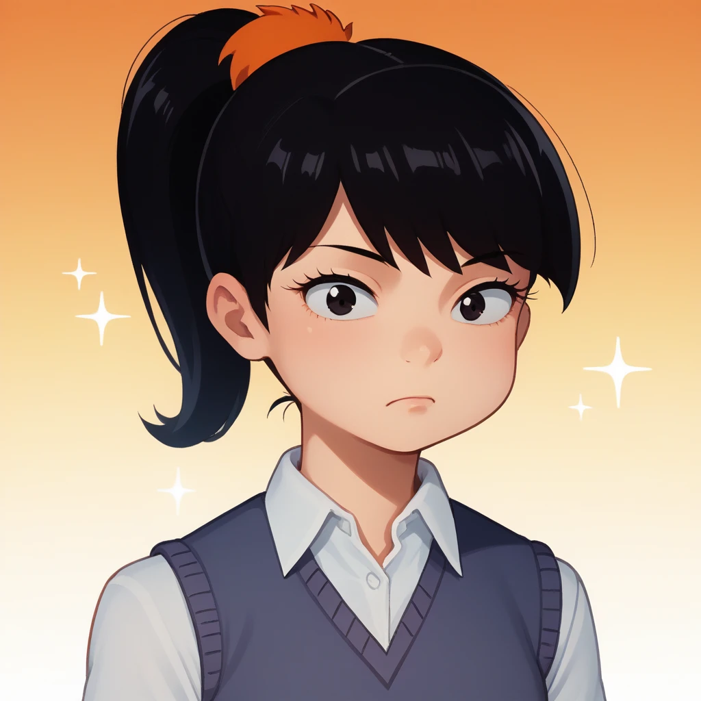 score_7_up, BREAK, source_cartoon, Akiko Yoshida, 1girl,  solo, black hair, ponytail, <lora:Akiko_Yoshida_PXL_Leaf2:1> , sweater vest, white shirt, school uniform, orange skirt, gradient background, sparkle background,