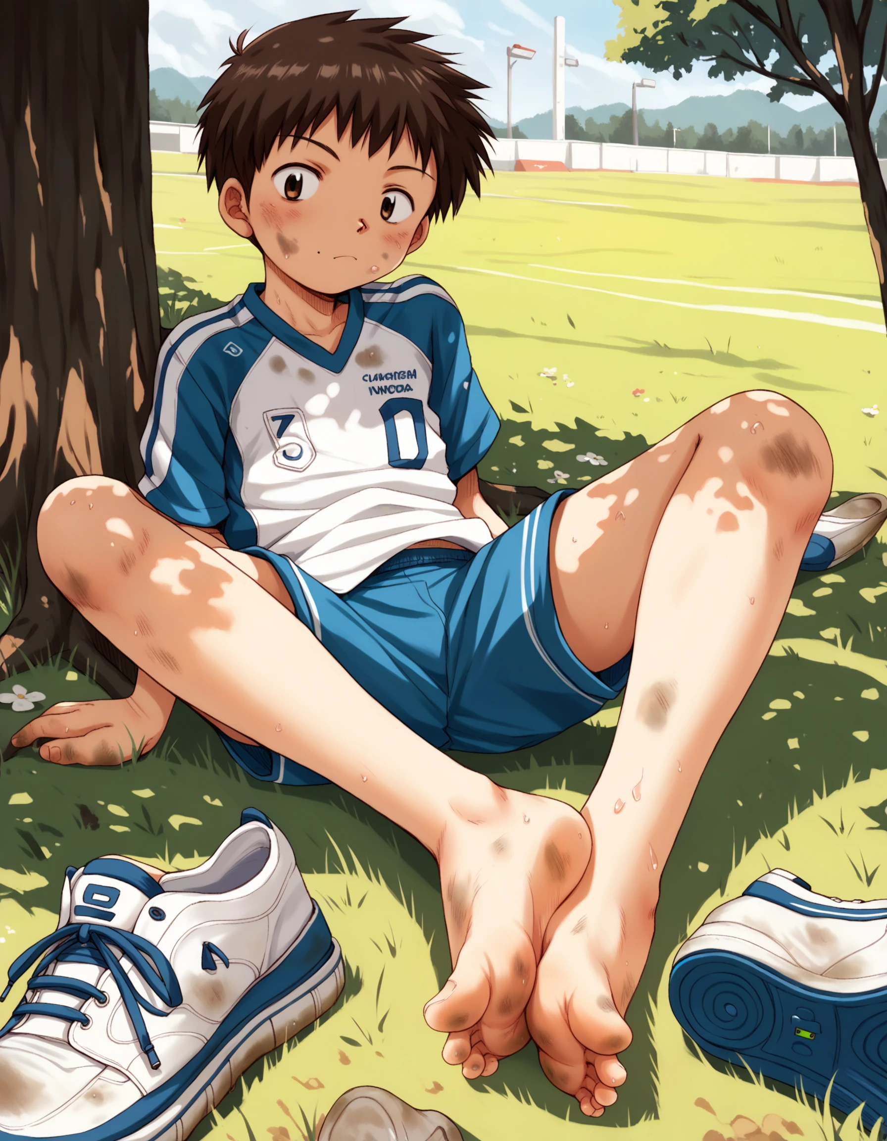 score_9, score_8_up, score_7_up, score_6_up, source_anime, outdoors, field, tree, shade, fisheye, foreshortening, 1boy, solo, young, sitting, foot focus, soccer uniform, dirty, taking off shoes, sneakers, looking at viewer, barefoot, sole <lora:boys_factoryXL_AMXL_v3b:0.9>