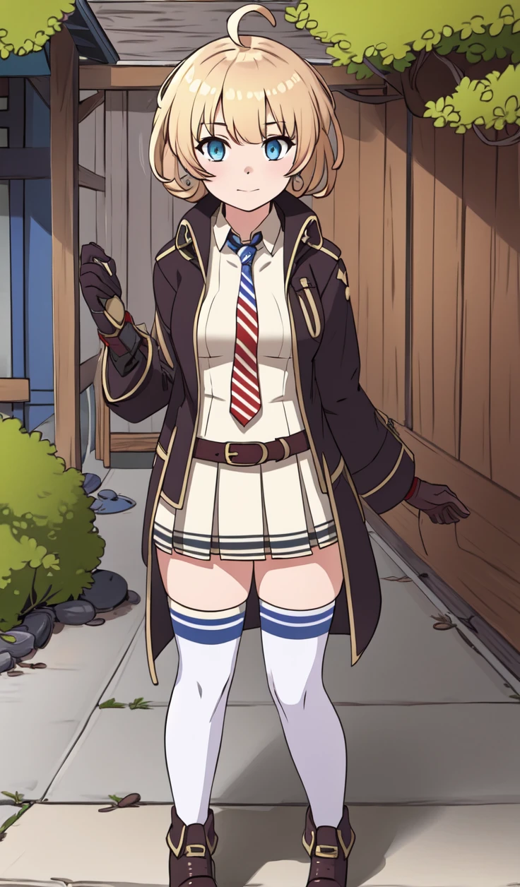<lora:M1911_Girls_Frontline:1> m1911, american flag tie, blue_eyes, blonde_hair, short_hair, bangs, gloves, jacket, shirt, ahoge, pleated_skirt, belt, black footwear, thighhighs. stripped tie, standing, outdoor park setting, mismatched thighhigh socks, best quality, masterpiece, detailed, 8K, uhd, (extremely detailed CG unity 8k wallpaper),(masterpiece), (best quality), (ultra-detailed), (best illustration), detailed face, skin pores, detailed skin, detailed eyes, high quality eyes, good quality hands, high resolution, great anatomy
