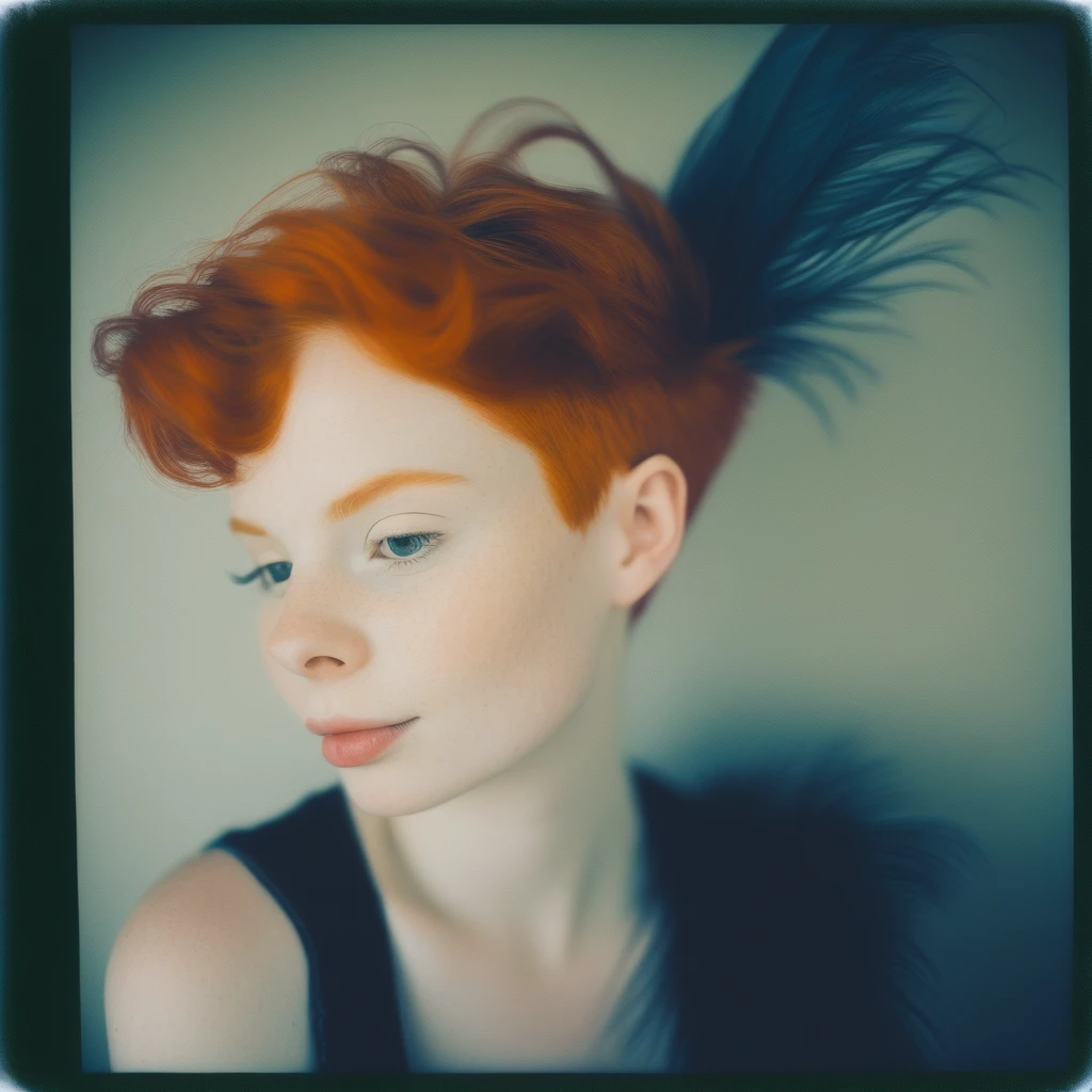 Glamour portrait photo of a 22yo, beautiful winsome, demure, film, Redhead, undercut, cat, grey, like, feathers, flirtatious, shallow depth of field, Shot using a Polaroid Land Camera Model 95 Camera, using a 114mm f/8.8 lens, on Polaroid Color film, in the style of Dora Maar, Rule of thirds