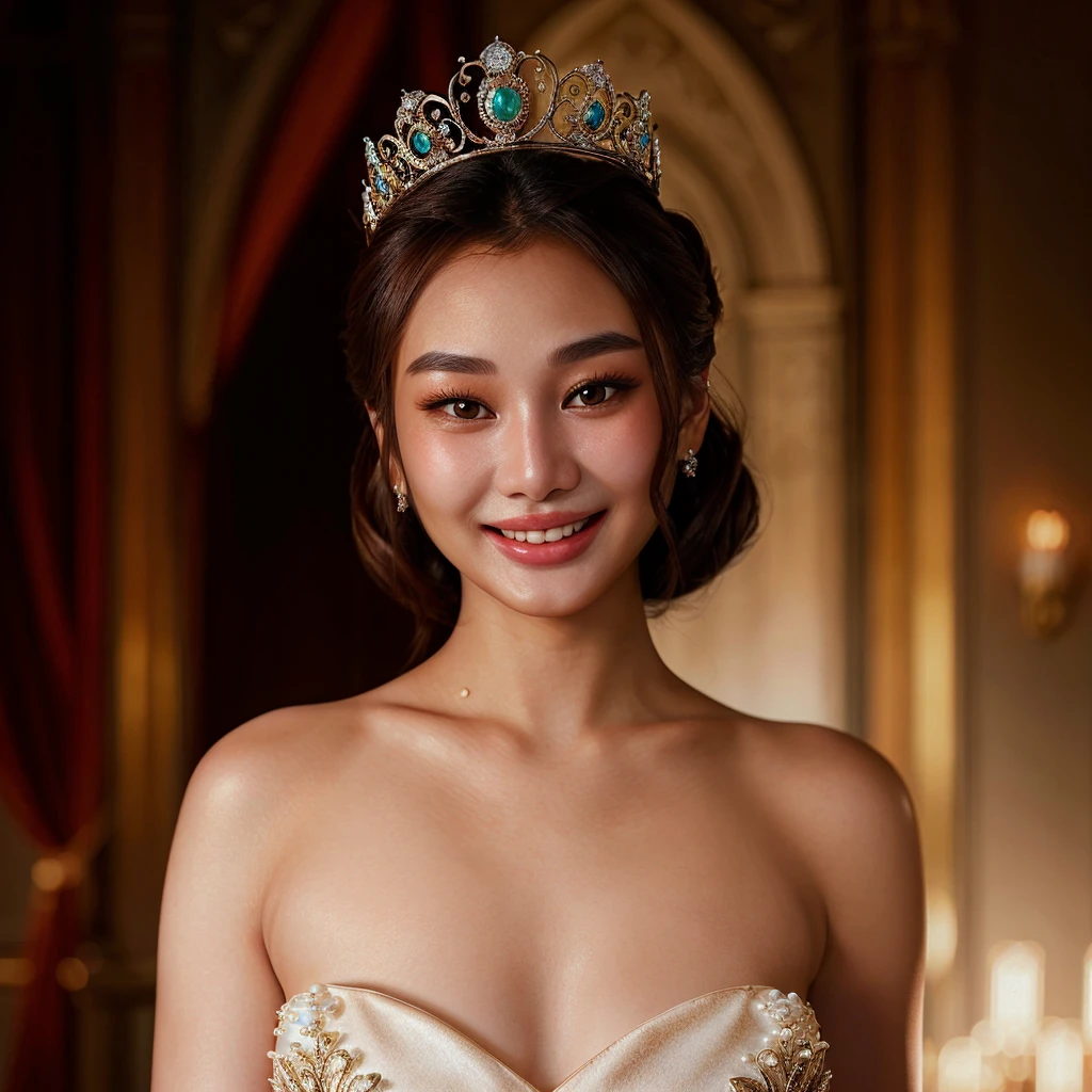 Hyperrealistic art an asian woman wearing a tiara poses for a photo wearing a pearl dress, smiling at the viewer <lora:chiefilomeno:1> . Extremely high-resolution details, photographic, realism pushed to extreme, fine texture, incredibly lifelike