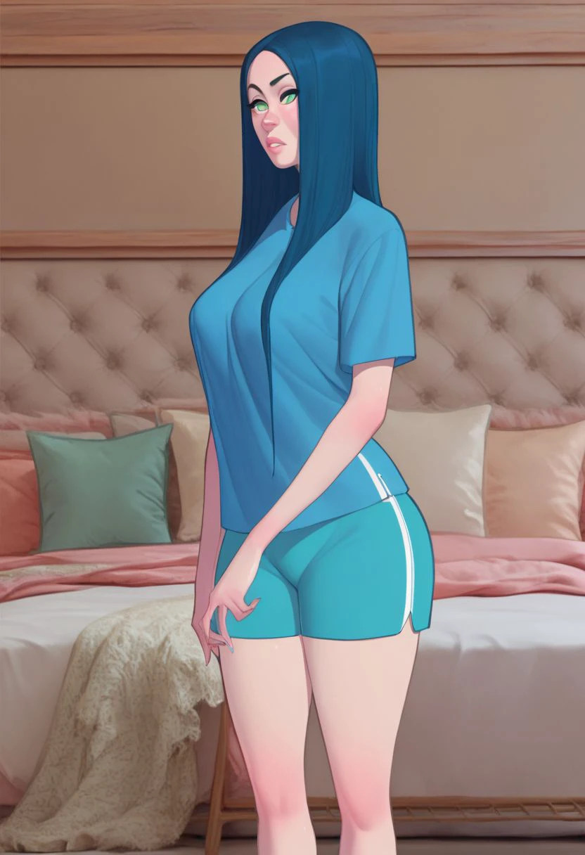 Score_9_up, score_8_up, score_7_up, 1girl. solo, billiesn, green eyes,blue hair, long hair, blue shirt, blue shorts, big boobs,