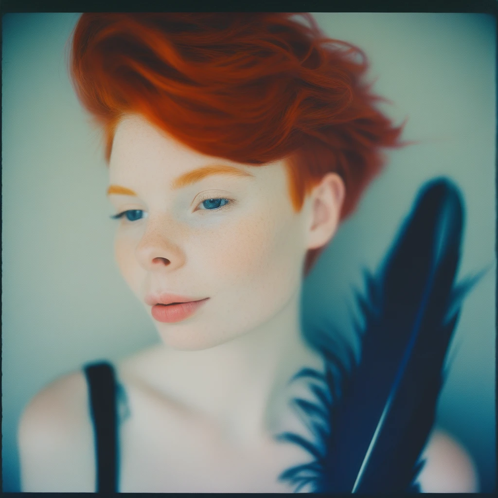 Glamour portrait photo of a 22yo, beautiful winsome, demure, film, Redhead, undercut, cat, grey, like, feathers, flirtatious, shallow depth of field, Shot using a Polaroid Land Camera Model 95 Camera, using a 114mm f/8.8 lens, on Polaroid Color film, in the style of Dora Maar, Rule of thirds