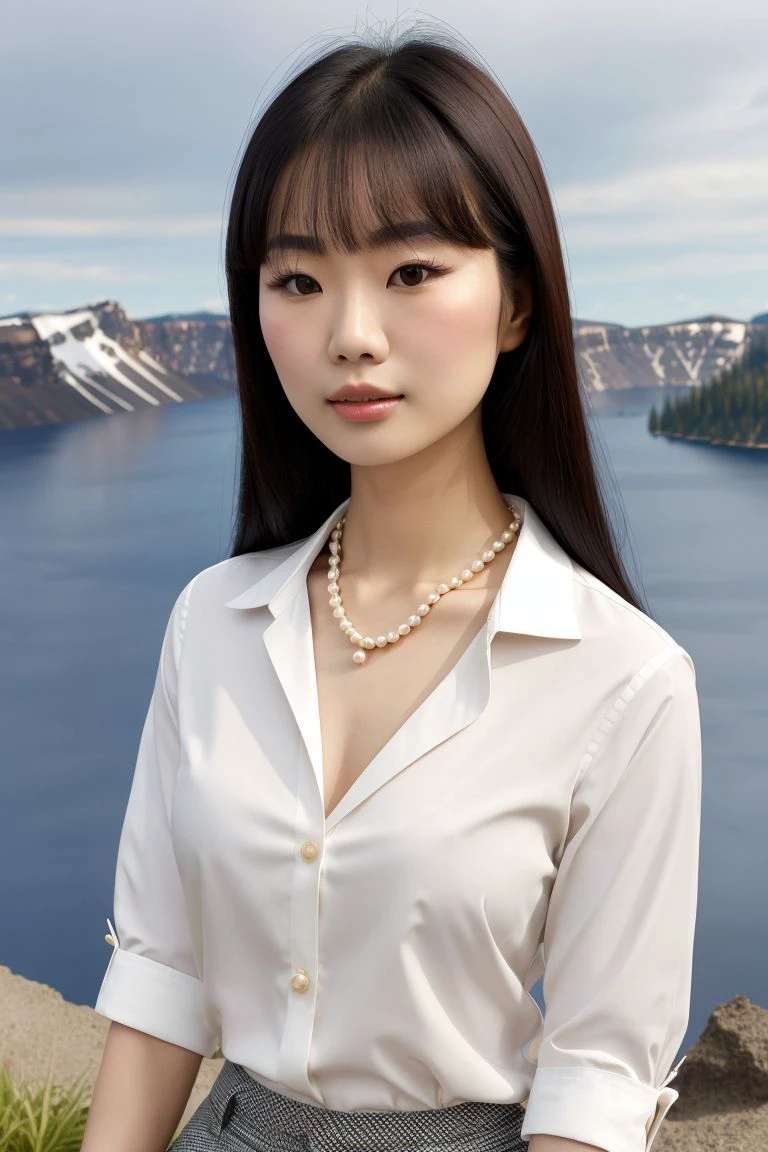 Asian woman, closeup, (shirt), pants, (crater lake national park), pearl necklace , KM_sakura , wide shoulders, perfect face, (contact iris: 1.1), pale skin, skin pores , depth of field