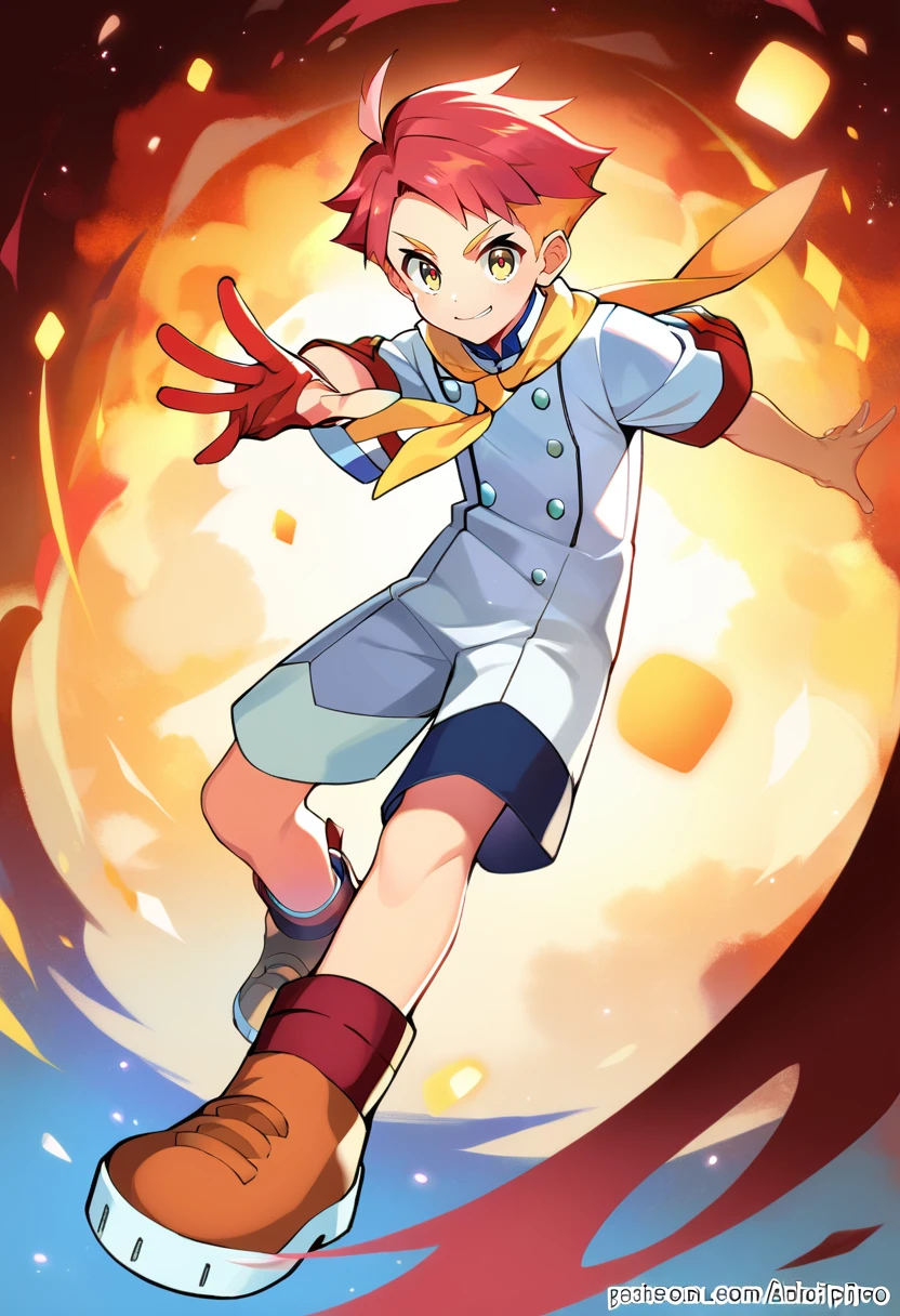 score_9, score_8_up, score_7_up, masterpiece, best quality, amazing quality, best aesthetic, ,absurdres,cute,crispin, multicolored hair, red hair, yellow eyes, red pupils, partially fingerless glove, single red glove, short sleeves white jacket, multicolored shorts, white shorts, yellow neckerchief, double-breasted, orange footwear,score_6_up, source_, score_5_up<lora:EMS-374005-EMS:1.000000>