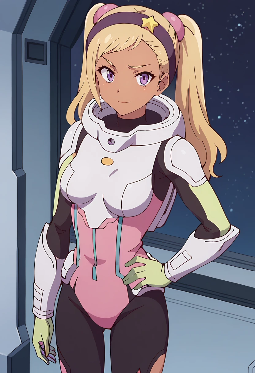 score_9, score_8_up, score_7_up,
<lora:KanataNoAstra_QuitterieRaffaeliXL:0.8>, QuitterieRaffaeli,
1girl, solo, closed mouth, light smile,
blonde hair, purple eyes, twintails, purple hairband, star (symbol), purple scrunchie, dark skin,
QuitterieSpacesuit, multicolored clothes, white spacesuit, pink spacesuit, black spacesuit,
standing, looking at the viewer, thigh gap, facing viewer, hand on own hip,
science fiction, indoors, spacecraft interior