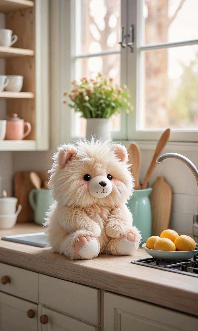 cute fluffy plush toy in cozy kitchen, natural light, pastel colors, hyperdetailed photography, soft light, cover