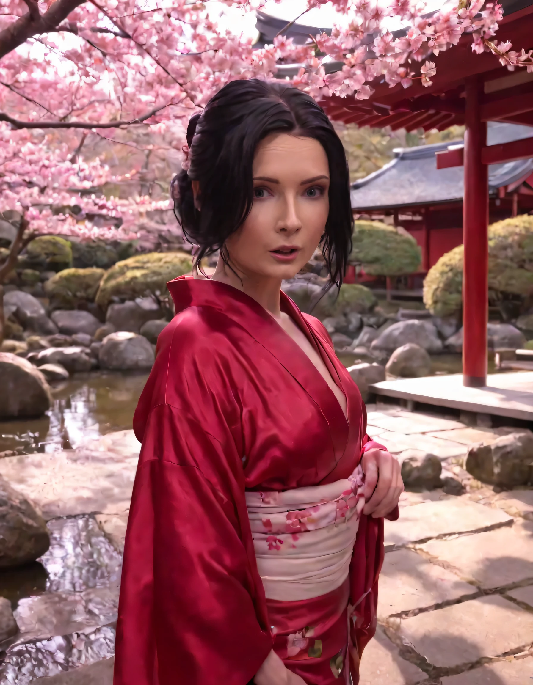 With a gaze that speaks volumes, the enchanting Jannet stands alone, her eyes locked onto the viewer's from behind a veil of rich, crimson silk draped over her glossy black hair, her slender figure accentuated by the vibrant, flowing kimono emblazoned with cherry blossoms, against the backdrop of an ancient Japanese tea house, as the setting sun casts long shadows over the tranquil water of a traditional Zen garden. <lora:yymtzi18fc99044bcu9b:1>