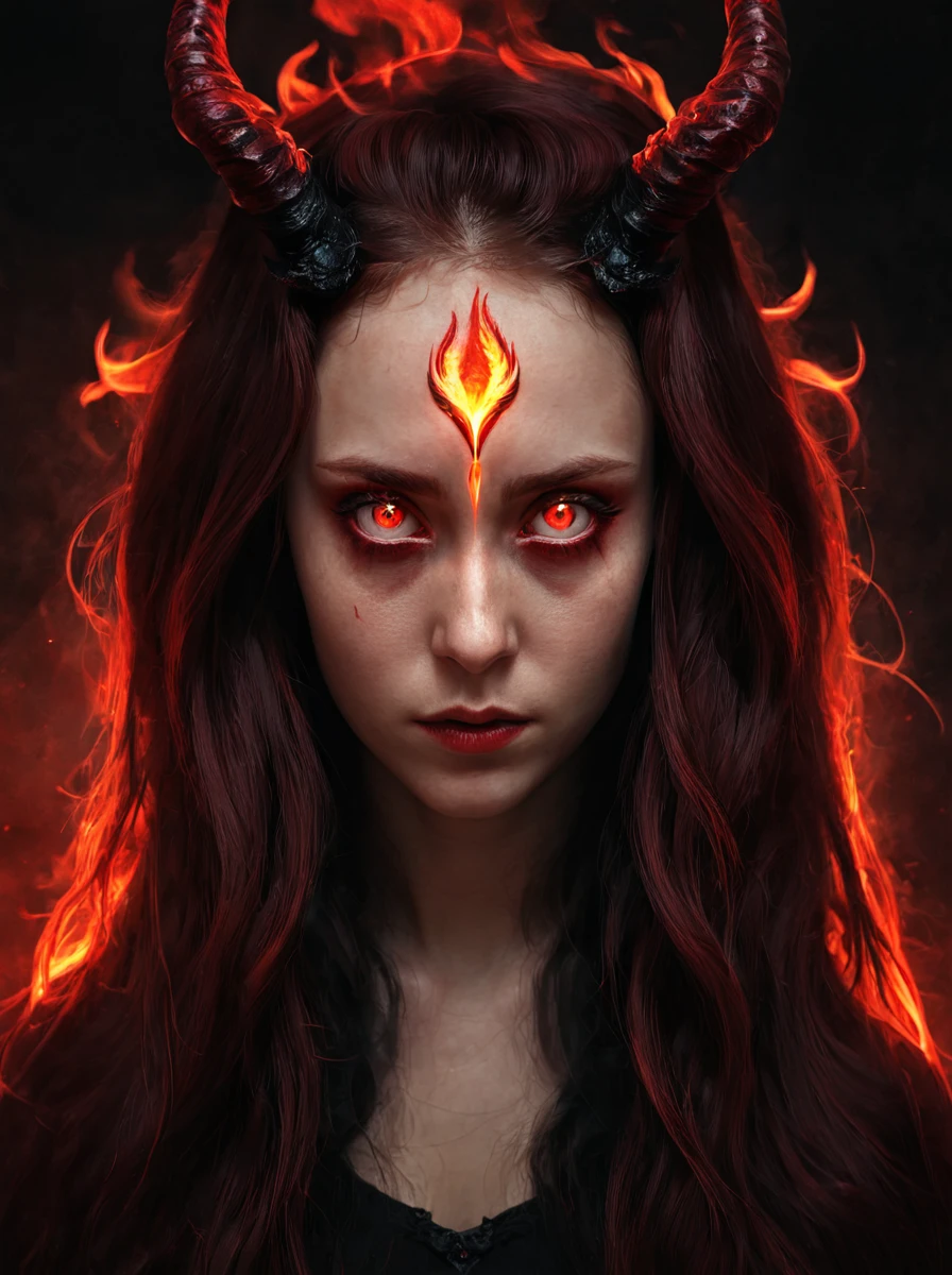 masterpiece,cinematic view,
high resolution,detailed, <lora:fire_xl:0.8>, firemode,red pupils,dark black sclera, , 1girl, solo, fire, horns, long hair, phoenix girl,portrait,glowing red pupils,dark theme,horror theme,