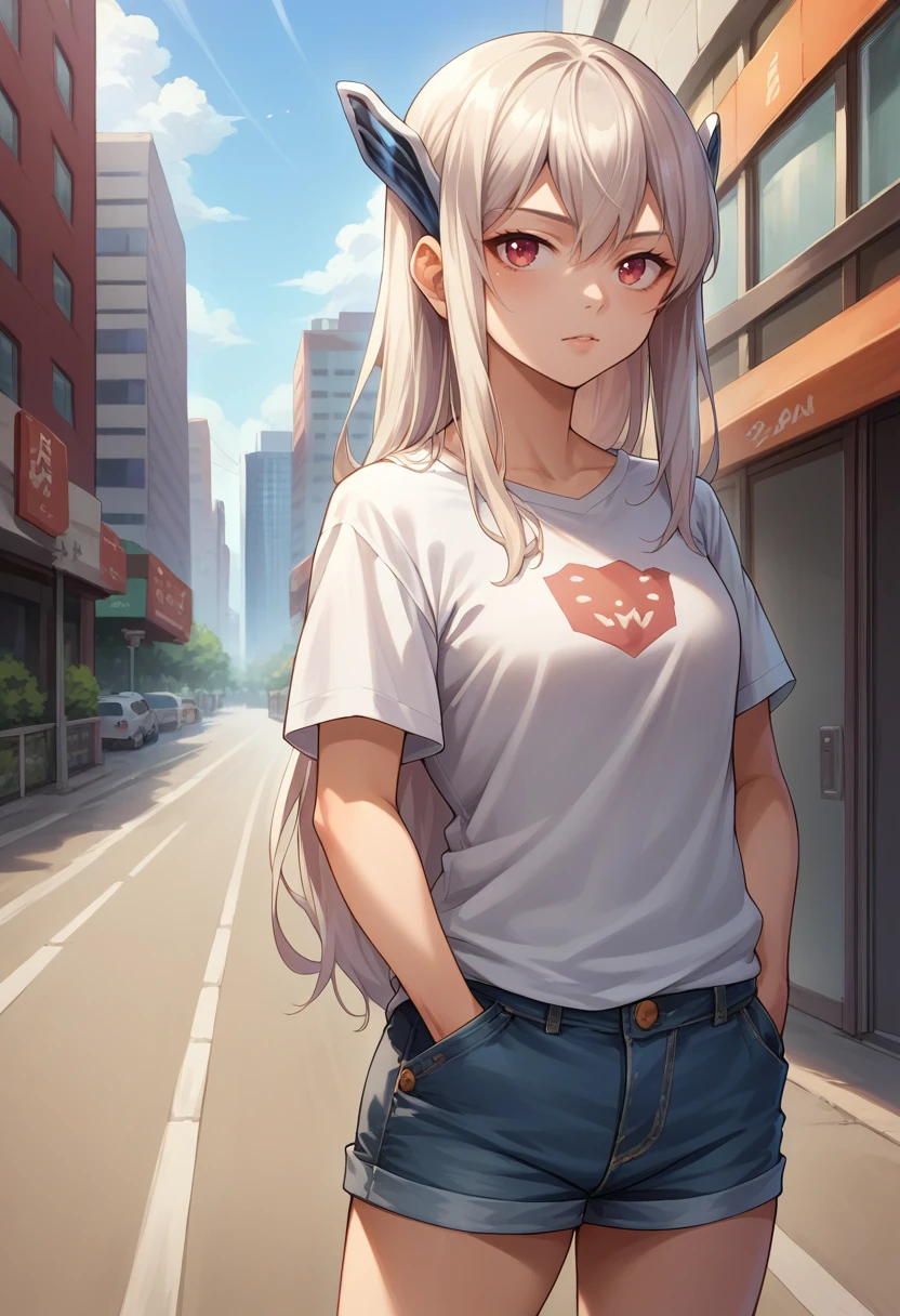 score_9, score_8_up, source_anime, 1girl, solo, UzenKyouka, long hair, hair ornament, t-shirt, denim shorts, standing, outdoors, city, hands in pockets, <lora:ChamUzenKyoukaPonyXL:1>