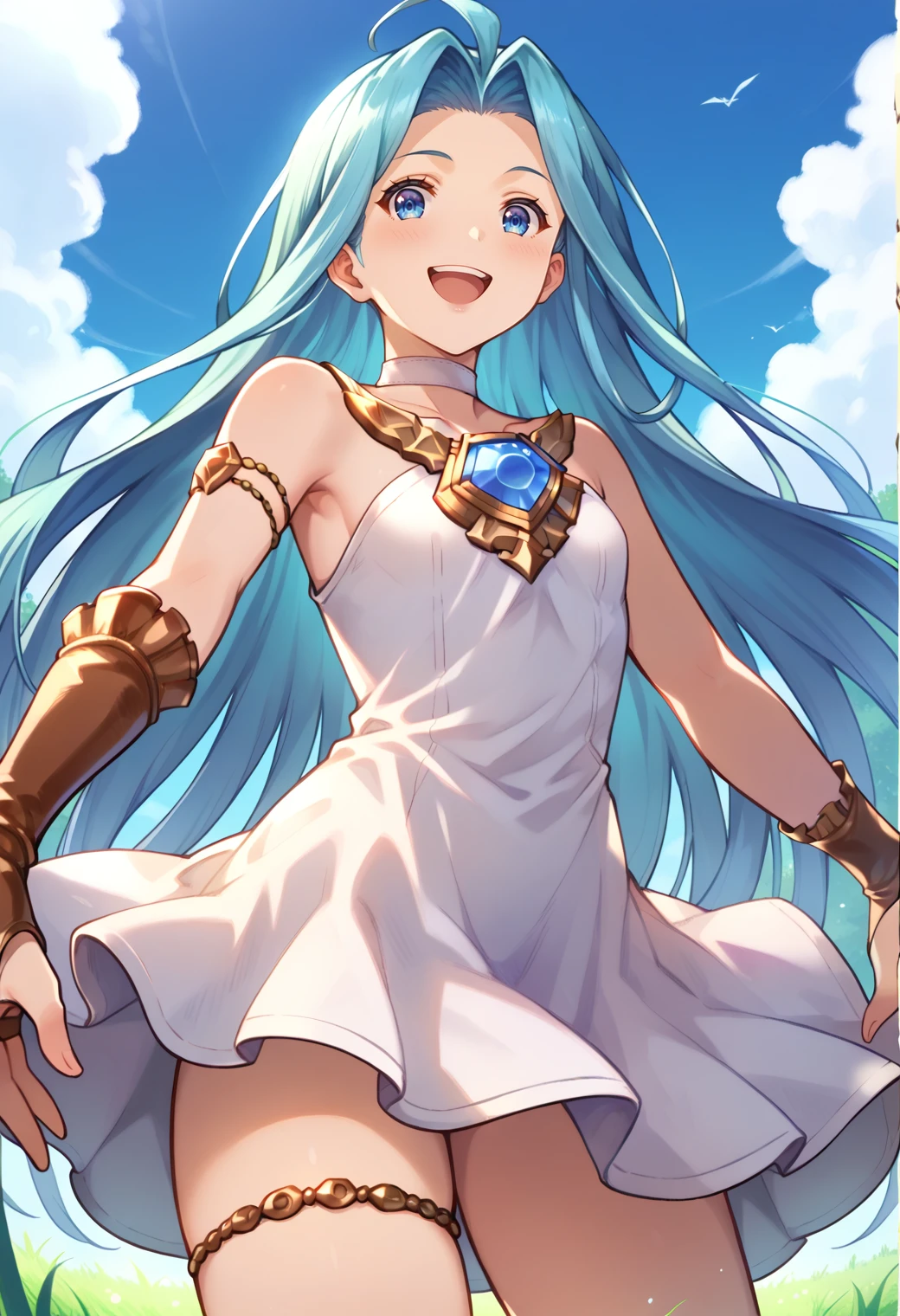 score_9, score_8_up, score_7_up, hd, (ultra hd quality details), grass, outdoors,
(masterpiece, best quality), fcDetailPortrait, solo, 1girl, luriabase, blue hair, very long hair, ahoge,
lyrdefdress, choker, collarbone, gem, jewelry, bridal gauntlets, thighlet,
looking at viewer, blush, smile, open mouth,
standing, from below,
<lora:_lyria-elesicov1:1>