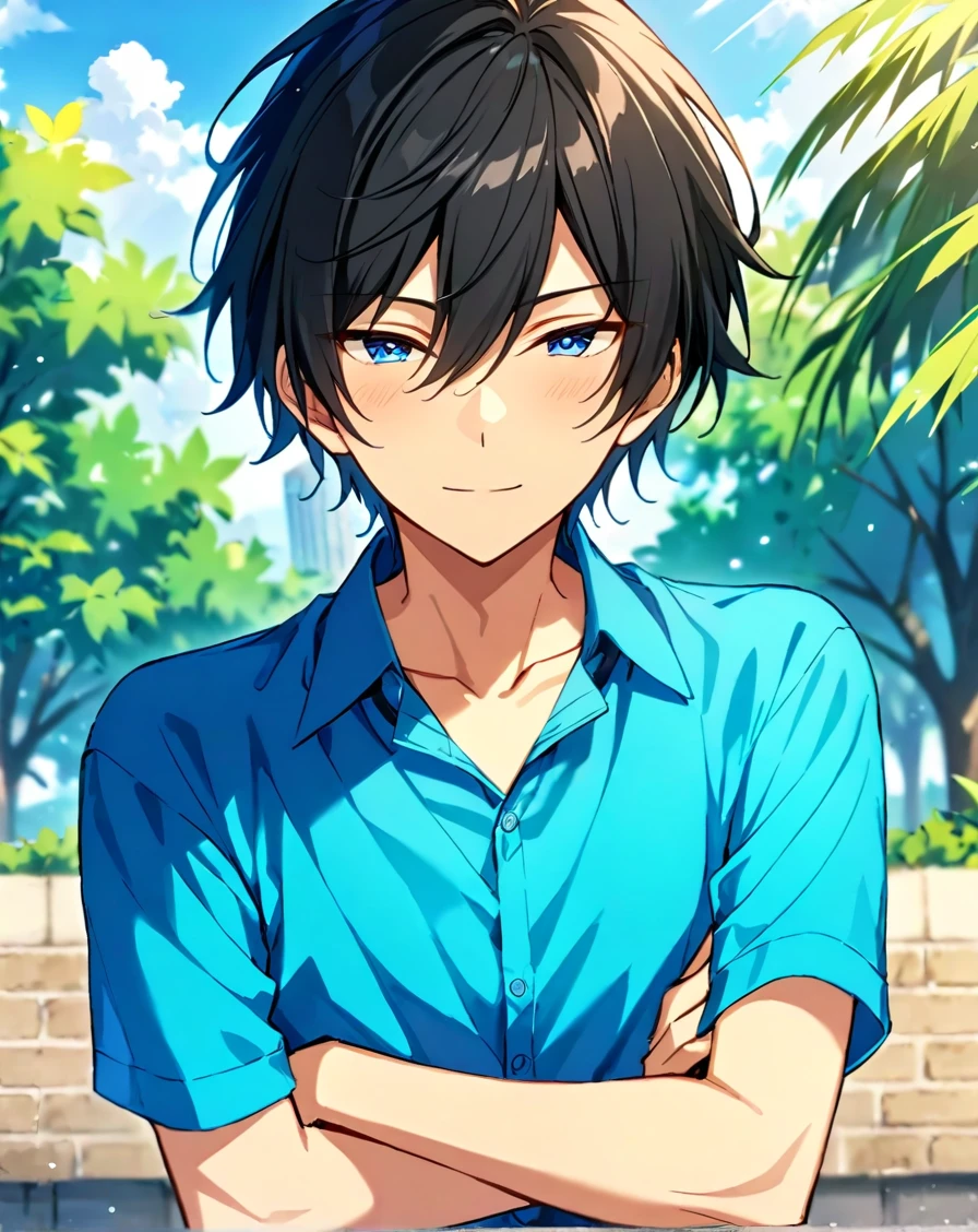 masterpiece, best quality, very aesthetic, absurdres, very detailed, score_9, score_8_up, score_7_up, depth of field, ((1boy, solo, male only, male focus, upper body, adult)), (hidaka_hokuto, black hair, blue eyes, slanted eyes, short hair, hair between eyes), happy, looking at viewer, facing viewer, collarbone, outdoors, collared shirt, blue shirt, arms crossed, <lora:Hidaka_Hokuto_SDXL_LoRA__Ensemble_Stars:0.74>, <lora:Lightning-8:1>