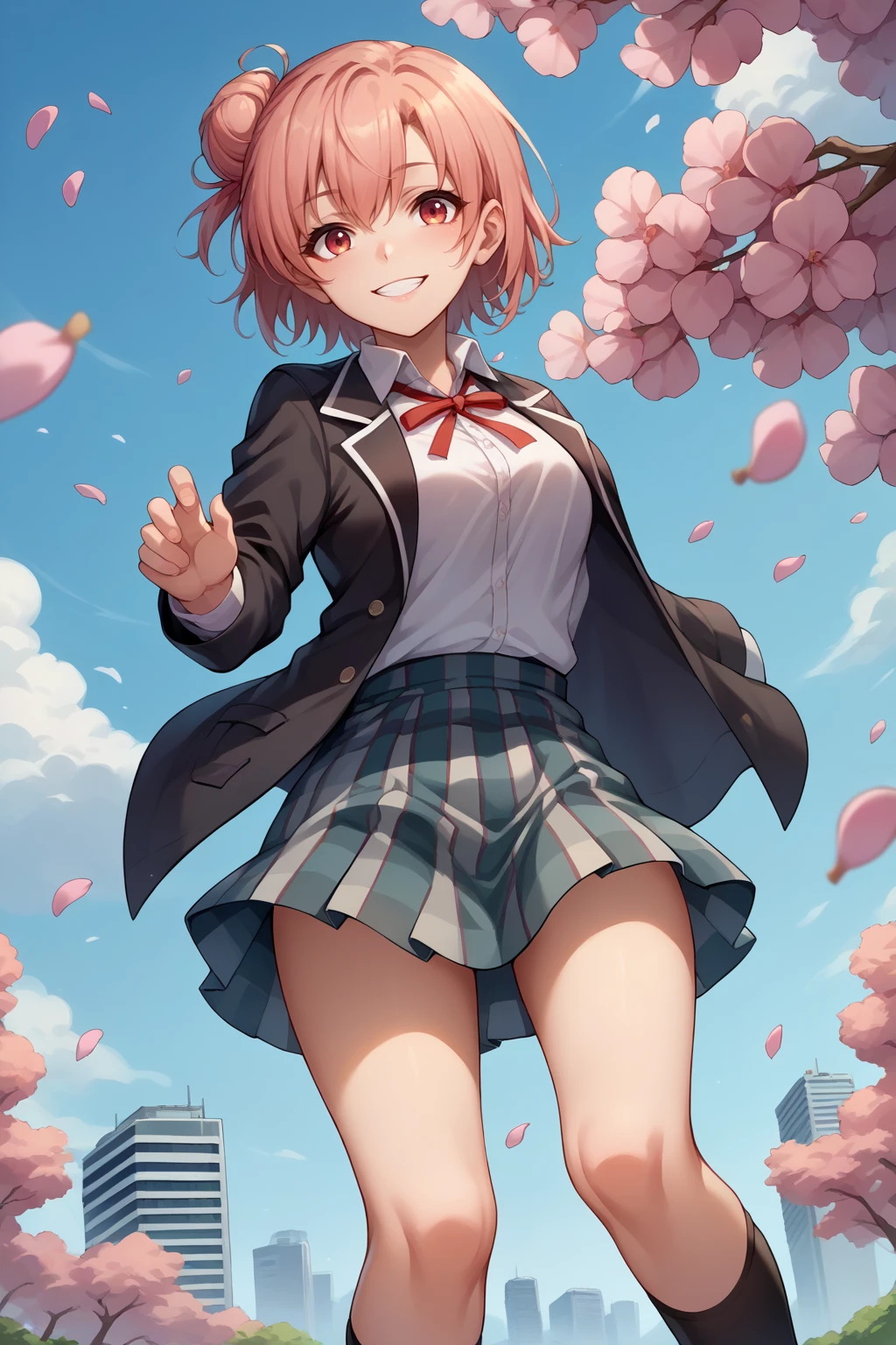 score_9, score_8_up, score_7_up, source_anime, dutch angle, cowboy shot, looking at viewer, smile, yyghm, short hair, single hair bun, black jacket, open jacket, neck ribbon, collared shirt, plaid skirt, black kneehighs, cherry blossoms, wind, skyscraper, <lora:Hoseki_Oregairu_YuiYuigahama_PDXL_v1:1>