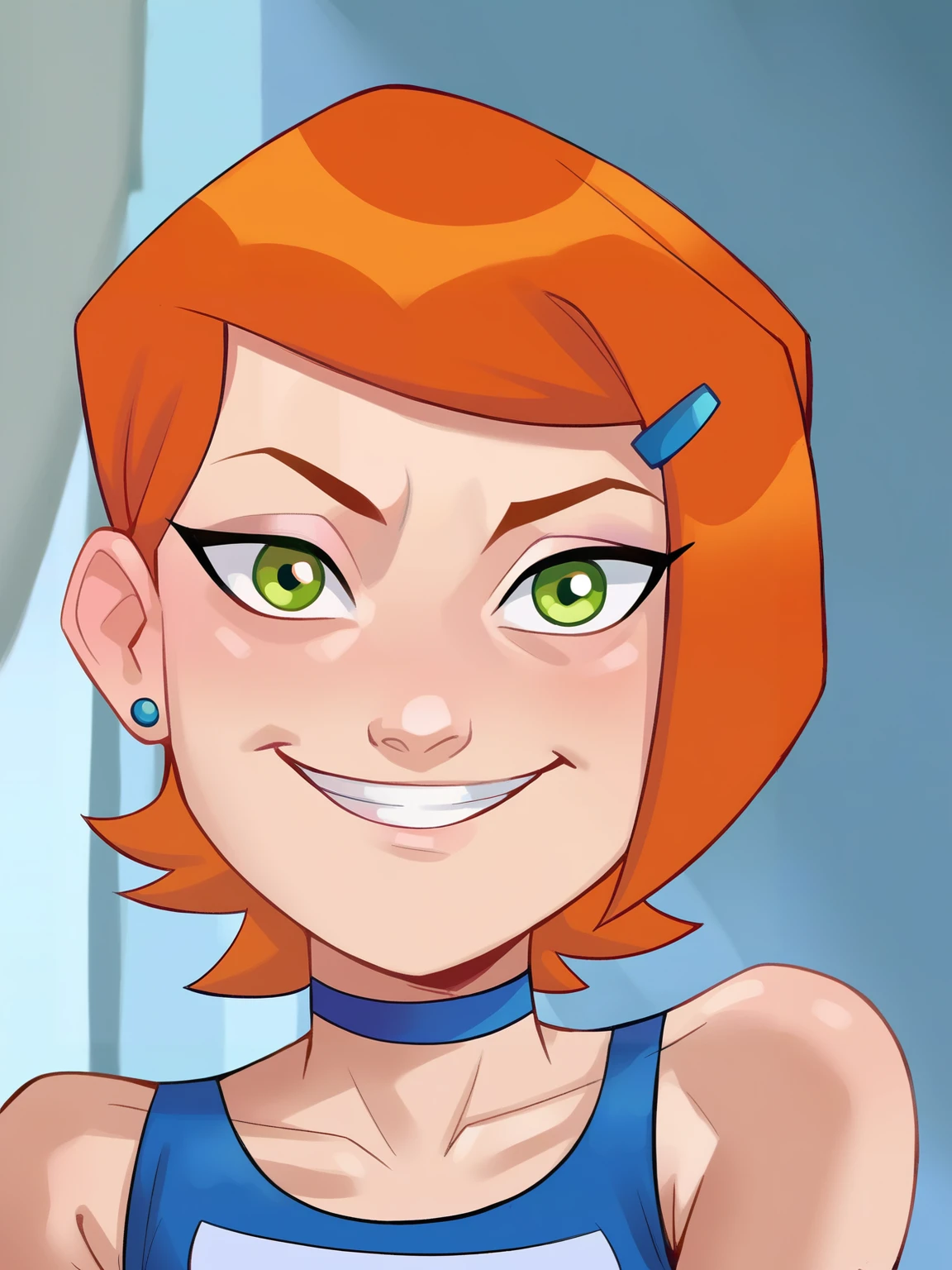 <lora:Gwen:0.5> gw_n, 1girl, pale skin, green eyes, short orange hair, hair clip, sapphire earrings
 <lora:Lilandava_PDXL:0.9> lilandavastyle, 1girl, choker, looking at viewer, smile,, score_9, score_8_up, score_7_up,