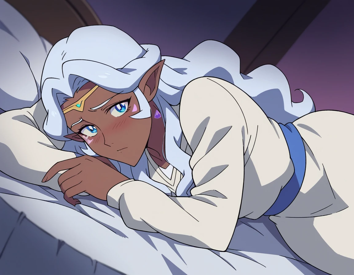score_9, score_8_up, score_7_up, source_anime,
princessallura, <lora:princess-allura-anime-ponyxl-lora-nochekaiser:1>,
allura, blue eyes, white hair, pointy ears, dark skin, dark-skinned female, facial mark, elf, dark elf,
long hair, wavy hair, cardigan, long sleeves, dress, white dress,
indoors, bed, bed room, on side, blush, drunk,
looking at viewer, cowboy shot, solo, dutch angle,