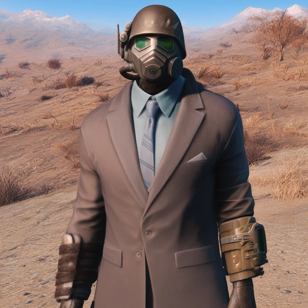 score_9,score_8_up,score_7_up,score_6_up, highly detailed texture, best quality, colourful, ultra realistic image, d3sertranger, helmet, 1boy, solo, upper body, brown gloves, suit, necktie, glowing green eyes, gas mask, realistic photograph, desert,
 <lora:Desert_Ranger_XL_-_Fallout_new_vegas:1.0>