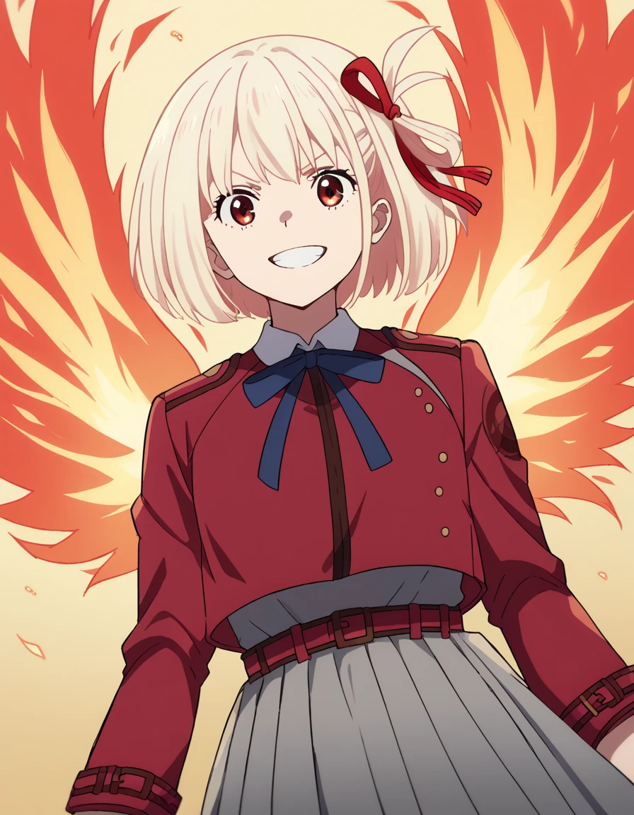 score_9, score_8_up, score_7_up, source_anime,
chisatonishikigi, <lora:chisato-nishikigi-s1-ponyxl-lora-nochekaiser:1>,
chisato nishikigi, short hair, bangs, red eyes, hair ribbon, one side up, bob cut, blonde hair,
shirt, long sleeves, dress, ribbon, white shirt, collared shirt, belt, neck ribbon, red dress, blue ribbon, pleated dress, grey dress, two-tone dress, red belt, lycoris uniform,
grin, <lora:fiery-wings-ponyxl-lora-nochekaiser:1>, fiery wings,
looking at viewer, cowboy shot, dutch angle, solo,