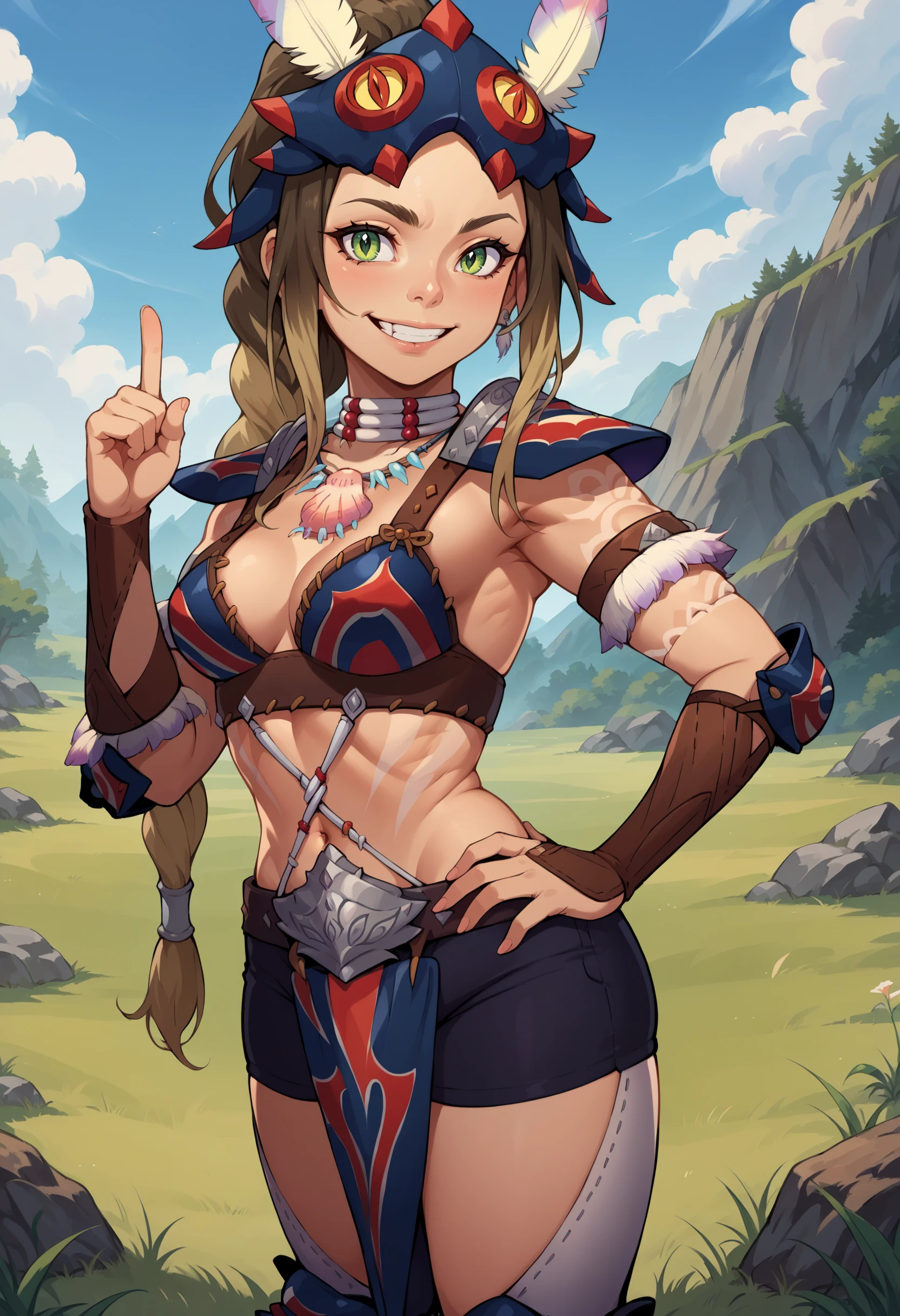 score_9, score_8_up,score_7_up, source_anime,1girl, solo, <lora:EPmhsKayna-06:1>,  EPmhsKayna, green eyes, multicolored hair, brown hair, blonde hair, sidelocks, braided ponytail, long hair, tribal, tattoo, arm tattoo, stomach tattoo, knee pads, mask on head, shoulder armor, armlet, feathers, choker, shorts, tooth necklace, thighhighs, navel, loincloth, pelvic curtain, shell necklace, jewelry, earrings, feather hair ornament, bikini armor, bracer, armor, midriff, grass, smile, outdoors,  index finger raised, hand on hip,