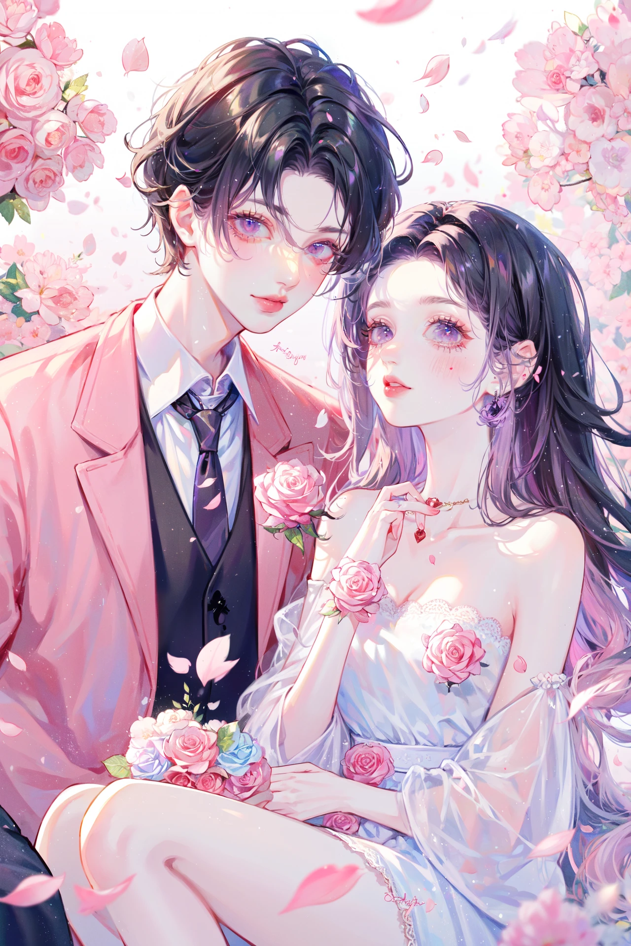 ((best quality, masterpiece, absurdres, super-resolution)) 1girl, 1boy, couple, pink rose petals, romantic couple, deeply in love