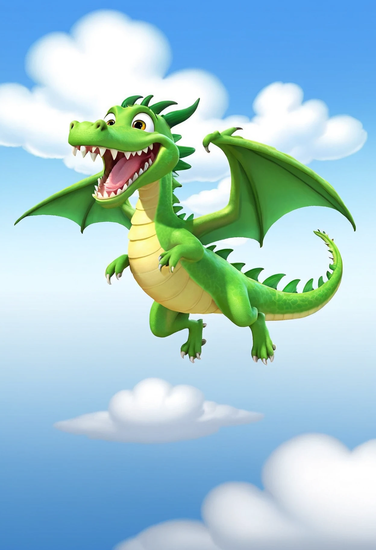 Cheerful Flying Dragon, digital art, by unknown artist, animated character, green dragon, happy expression, blue sky, white clouds, wings outstretched, cartoon style, friendly appearance, fantasy creature, 3D animation, mid-flight pose, bright day, airy backdrop, open mouth, joyous mood, visible teeth, clawed hands and feet.