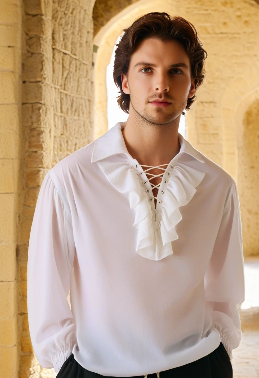 PRTSHIRT, white ruffle shirt, drawstring, male focus, close-up, black pants, looking at viewer, in a sunny medieval castle, PRTSHIRT, white ruffle shirt, drawstring, male focus, close-up, black pants, looking at viewer, in a sunny medieval castle, attractive, highly detailed, bright color, intricate, dramatic, cinematic, sharp, polished, extremely aesthetic, very inspirational,,, rich clear background, fine detail, full perfect, colorful, coherent, symmetry