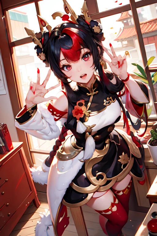 1girl,multicolored hair,red hair,black hair,red eyes,long hair,dress,breasts,open mouth,mythmakergwen,hair ornament,solo,looking at viewer,thighhighs,detached sleeves,jewelry,closed eyes,hair bun,double bun,red lips,red nails,bangs,hair rings,split-color hair,two-tone hair,sitting,makeup,night,streaked hair,very long hair,twin braids,one eye closed,fingernails,sharp fingernails,window,chinese clothes,portrait,toes,nail polish,red thighhighs,<lora:mythmakerGwen:0.7>,<lora:goodhands_Beta_Gtonero:1>,<lora:GoodHands-vanilla:1>,