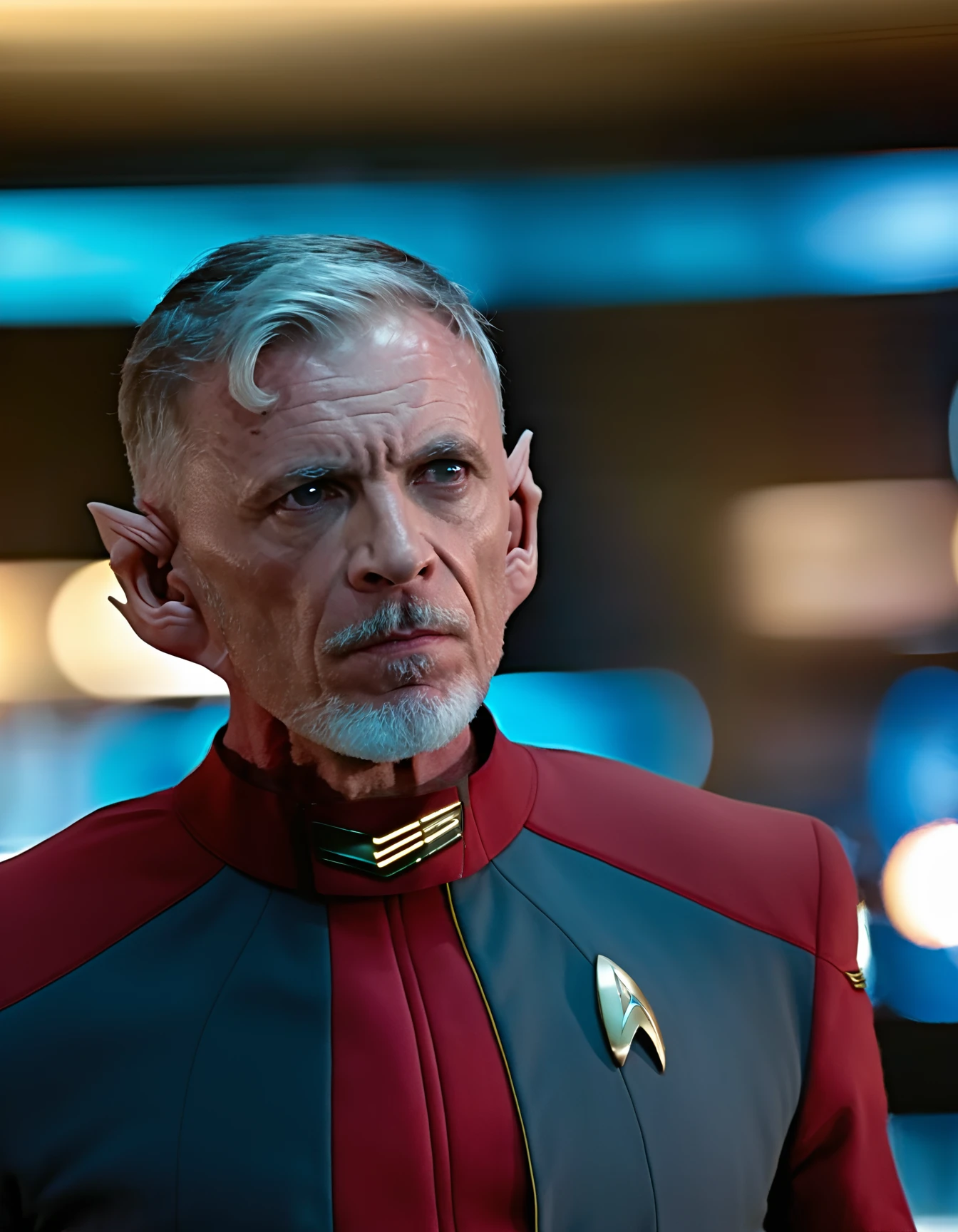 CptRayner, Rayner, male focus, gray eyes, pointy ears, gray thin beard, short gray hair, undercut, upper body, black and red suit, Star Trek