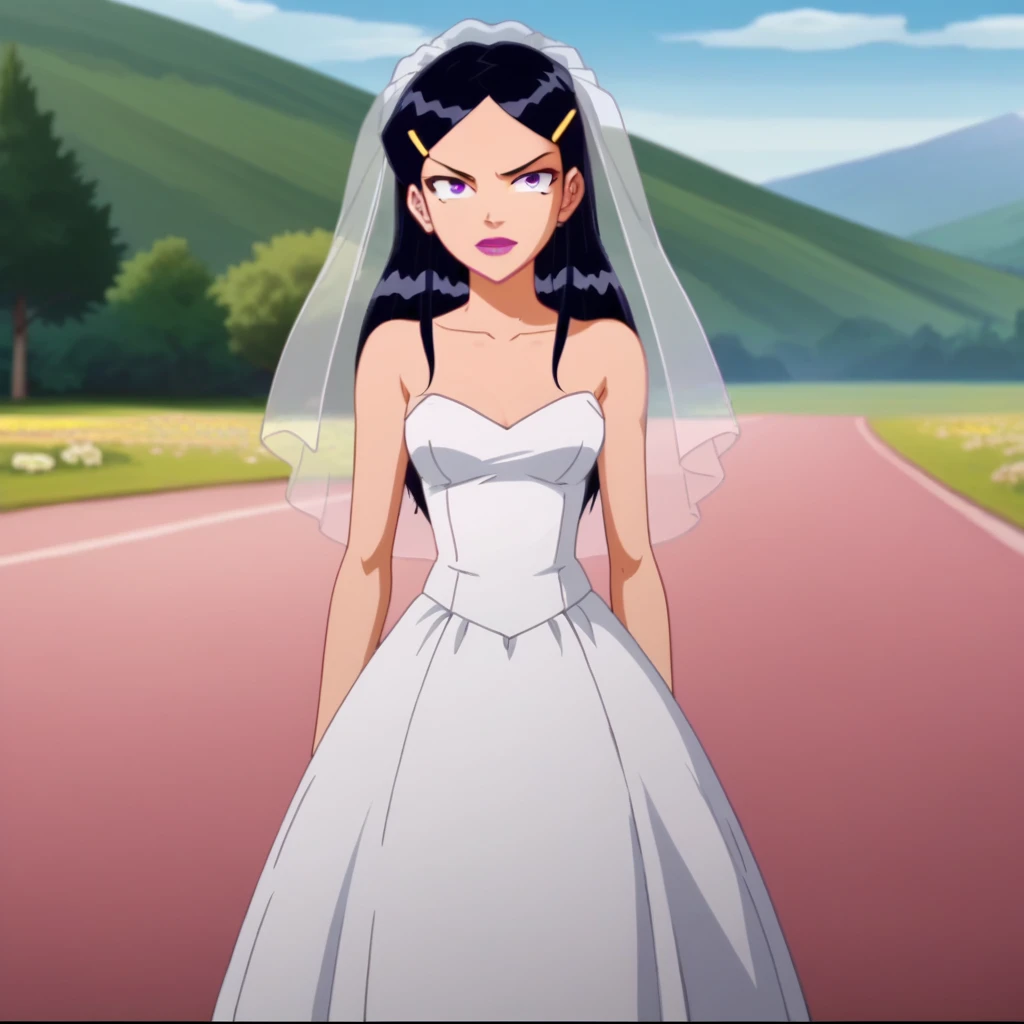 score_8_up, BREAK, anime screencap, Mandy, 1girl, solo,  long hair,  black hair, purple eyes, lipstick, hairclip, <lora:Mandy_TotallySpies_PXL_Leaf2:1> ,   looking at viewer,  depth of field,  bride, bridal veil, white dress, flower field, cowboy shot,