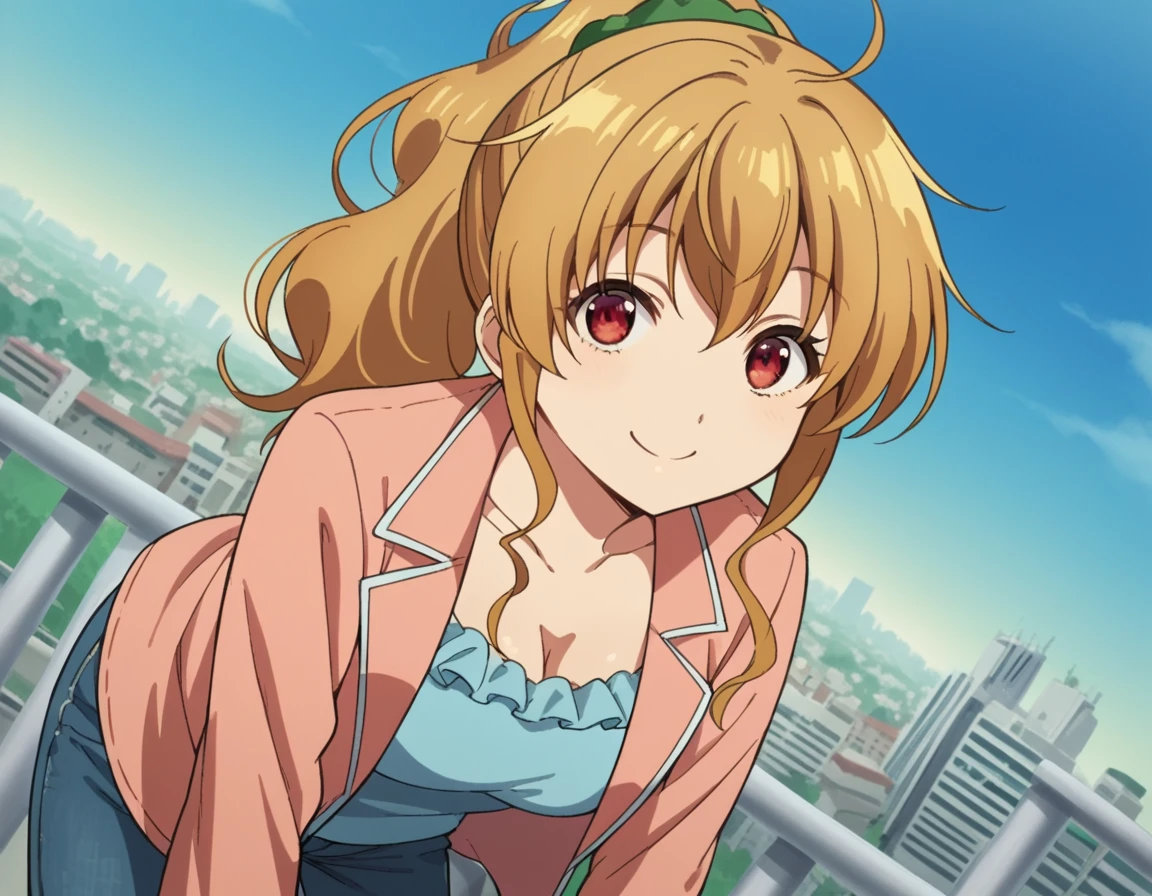 score_9, score_8_up, score_7_up, source_anime,
nanakokogure, <lora:nanako-kogure-s1-ponyxl-lora-nochekaiser:1>,
nanako kogure, long hair, brown hair, red eyes, ponytail, ahoge, scrunchie, green scrunchie,
cleavage, jacket, pink jacket, frills, shirt, blue shirt, pants, denim, frilled shirt,
outdoors, cityscape, bent over, smile,
looking at viewer, cowboy shot, solo, dutch angle,