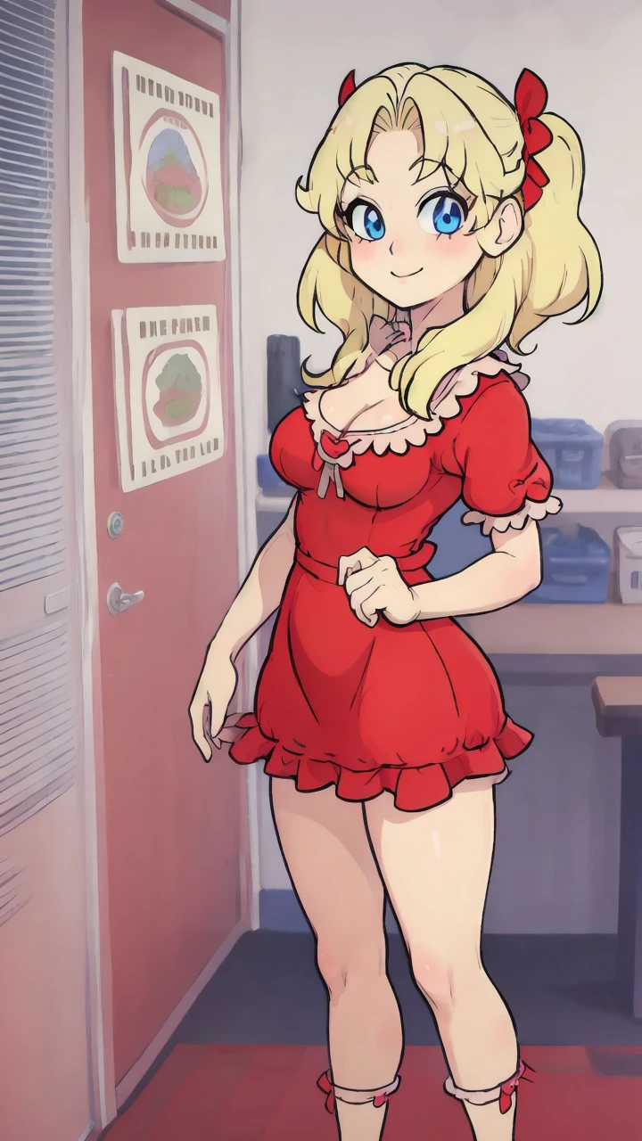 masterpiece, best quality, <lora:Sandy(Kassos):1>, blond hair, standing, blue eyes, red dress, looking at viewer, smile, red ribbon, medium breast