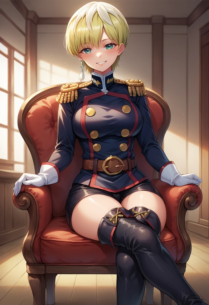 score_9, score_8_up, source_anime, 1girl, solo, IzumoTenka, short hair, single earring, military uniform, black coat, epaulettes, buttons, white gloves, brown belt, black shorts, thigh boots, smile, blush, indoors, on chair, sitting, crossed legs, <lora:ChamIzumoTenkaPonyXL:1>