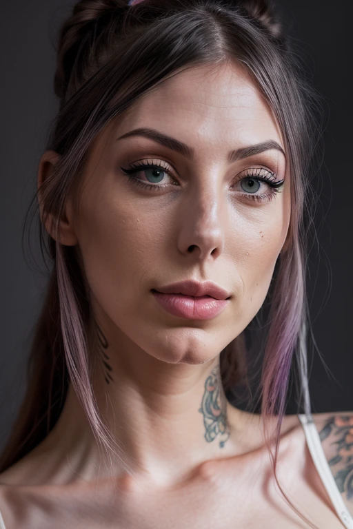 mulher branca, longos cabelos colorido artificialmente de roxo, olhos verdes, scar on neck and tattoo