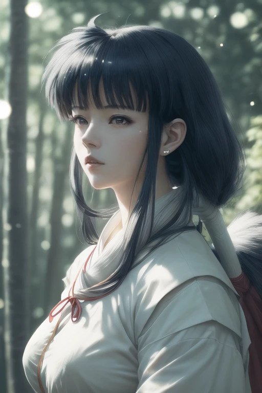 (masterpiece,best quality),kikyou \(inuyasha\), 1girl, solo,<lora:kikyou:1>, dutch angle,portrait, close-up,parted lips,  looking afar,  <lora:add_detail-2-2:0.3> ,mature female, large breasts, <lora:color_temperature_slider_v1:-2> ,<lora:Great Lighting3-4:3> , <lora:Heavy_grain:0.3>, <lora:noiseoffset2:0.4>,film overlay,light particles, lens flare, grey and blue theme,