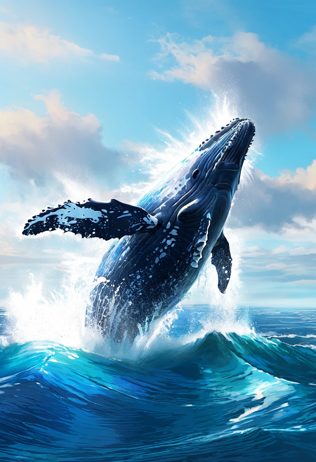 Humpback whale breaching the water's surface in a vibrant marine landscape, digital art, humpback whale, ocean, water, majestic creature, blue colors, white highlights, spray of water droplets, powerful being, wildlife, marine life, underwater world, dramatic perspective, nature's beauty, wilderness, sea mammal.