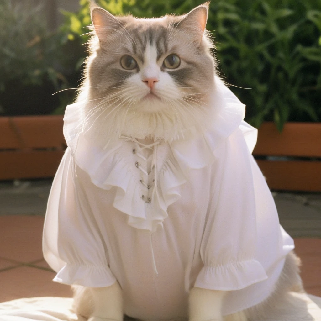 cinematic still prtshirt, white ruffle shirt, cat wearing shirt, close-up, drawstring, front view, in a sunny garden . emotional, harmonious, vignette, 4k epic detailed, shot on kodak, 35mm photo, sharp focus, high budget, cinemascope, moody, epic, gorgeous, film grain, grainy, prtshirt, white ruffle shirt, cat wearing shirt, close-up, drawstring, front view, in a sunny garden, attractive, highly detailed, very beautiful, delicate, intricate, cinematic, artistic, sharp focus, surreal colors, colorful, light, inspired, deep royal, glowing, noble, full perfect, romantic, elegant, extremely coherent, color